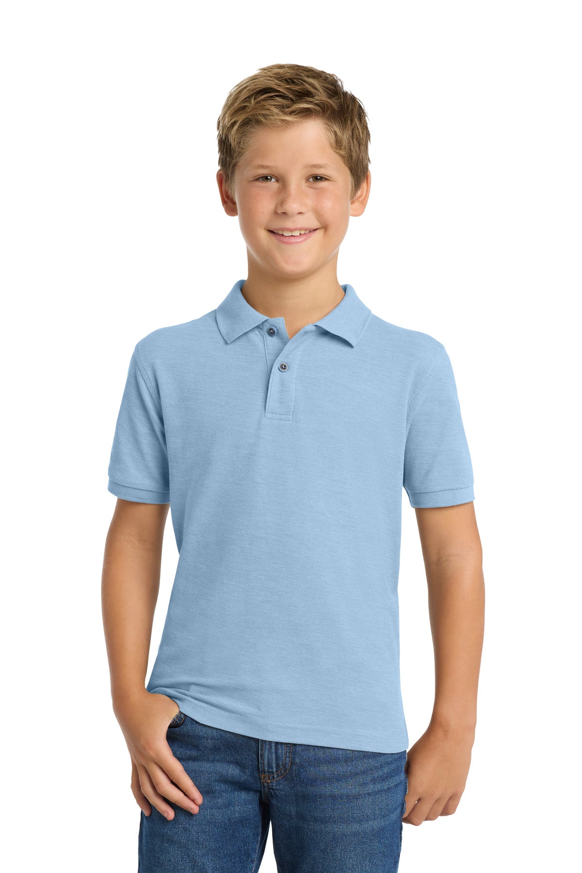 Custom Light Blue Youth Silk Touch Polo Y500, personalized by SanCanDo Swag in Argyle, TX