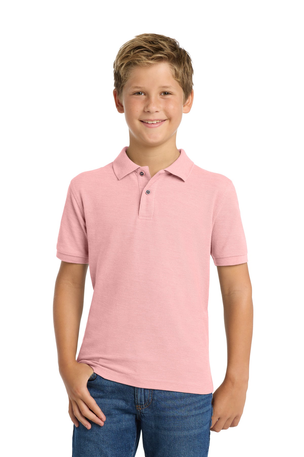 Custom Light Pink Youth Silk Touch Polo Y500, personalized by SanCanDo Swag in Argyle, TX