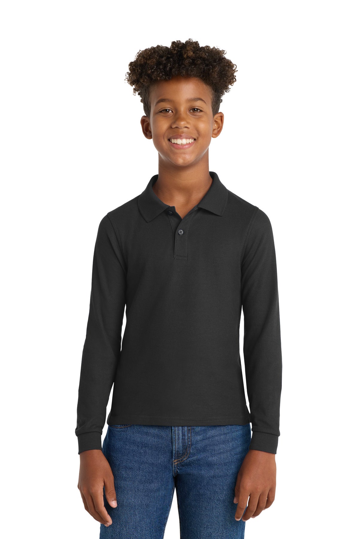 Custom Black Youth Long Sleeve Silk Touch Polo Y500LS, personalized by SanCanDo Swag in Argyle, TX