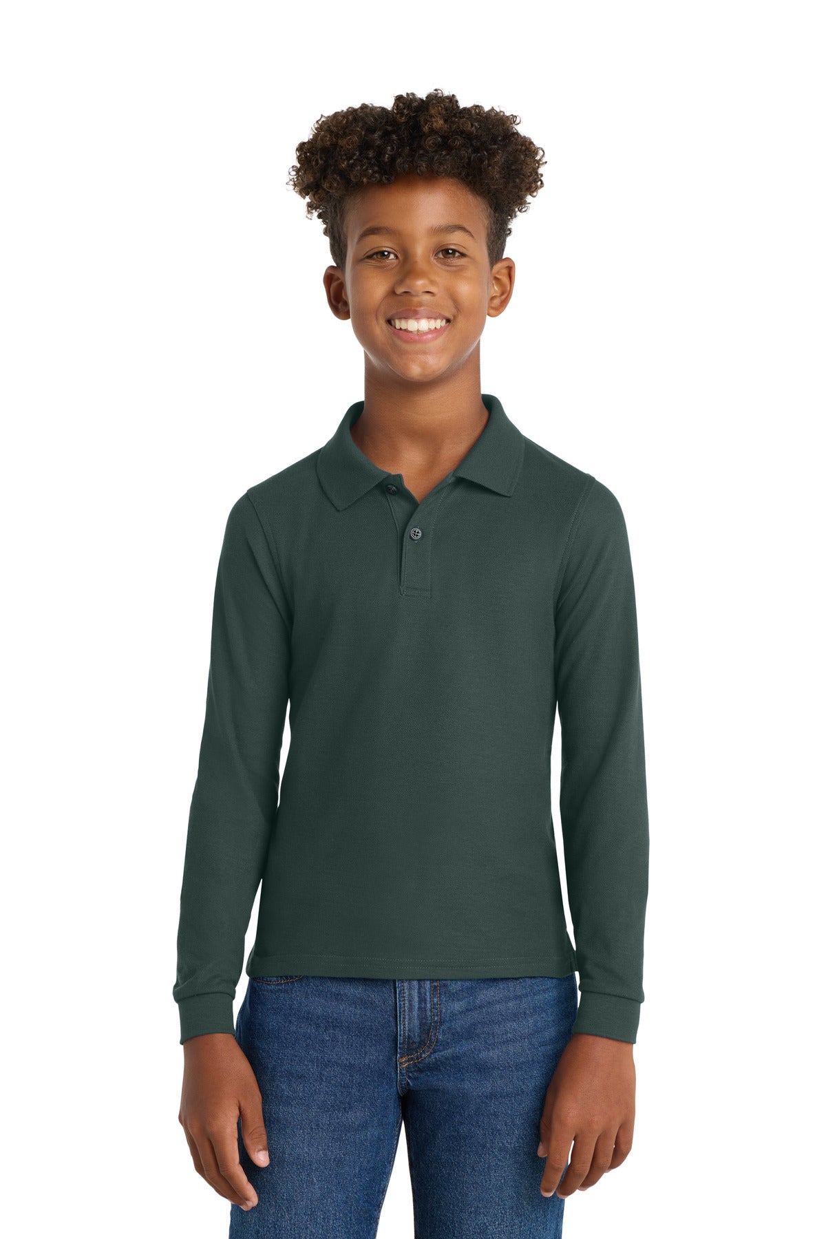 Custom Dark Green Youth Long Sleeve Silk Touch Polo Y500LS, personalized by SanCanDo Swag in Argyle, TX