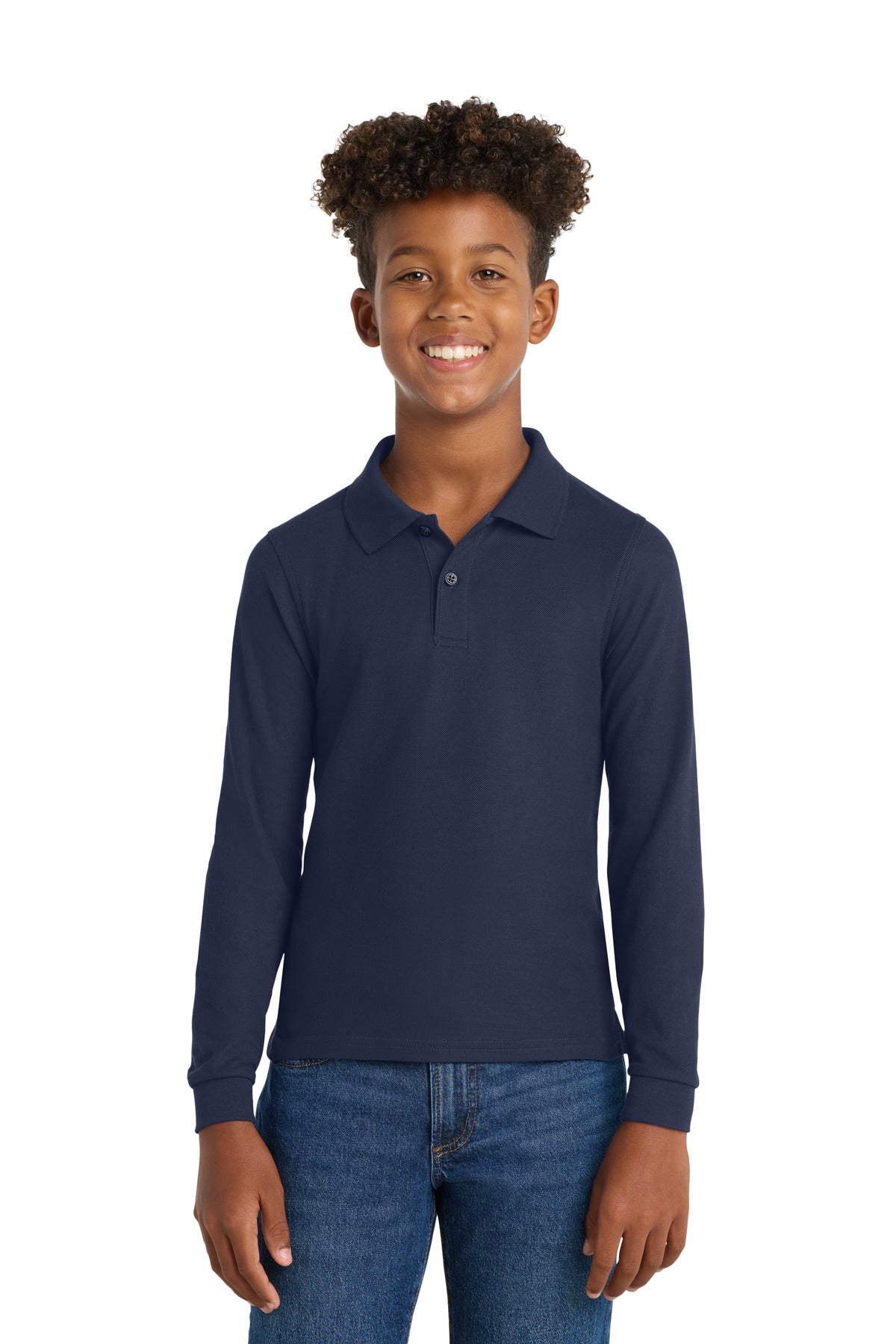 Custom Navy Youth Long Sleeve Silk Touch Polo Y500LS, personalized by SanCanDo Swag in Argyle, TX