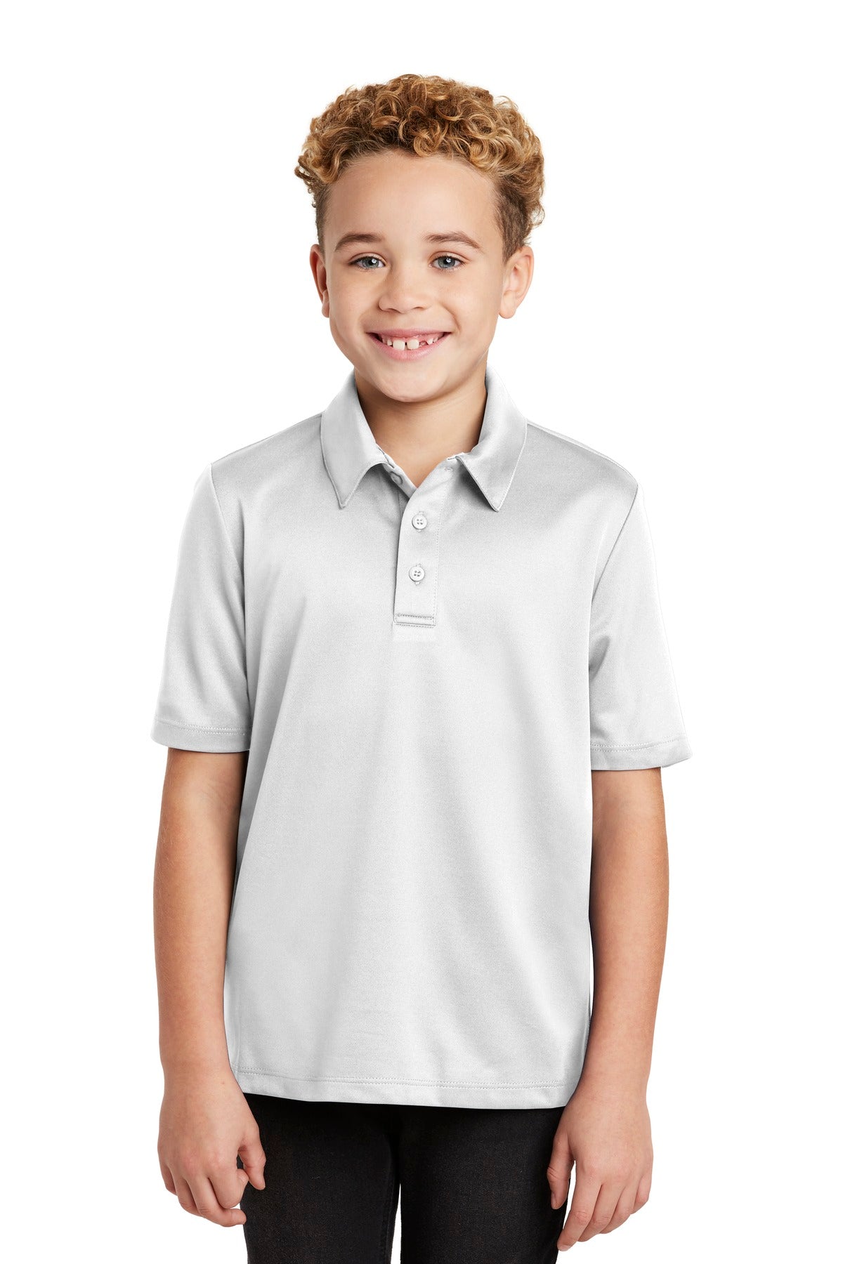 Custom White Youth Silk Touch Performance Polo Y540, personalized by SanCanDo Swag in Argyle, TX