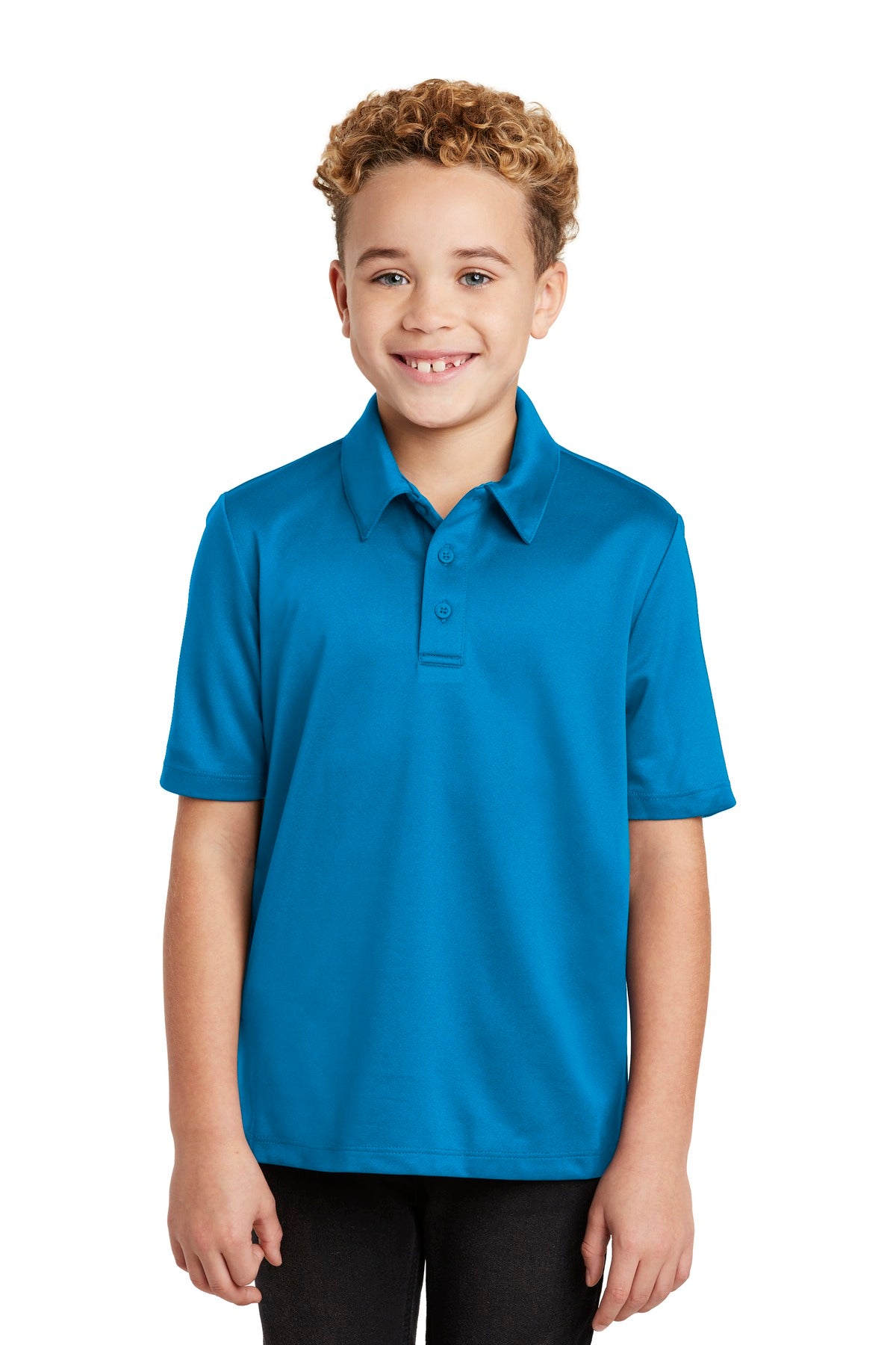 Custom Brilliant Blue Youth Silk Touch Performance Polo Y540, personalized by SanCanDo Swag in Argyle, TX