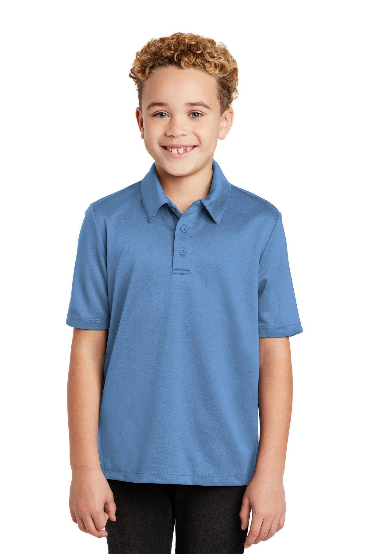 Custom Carolina Blue Youth Silk Touch Performance Polo Y540, personalized by SanCanDo Swag in Argyle, TX