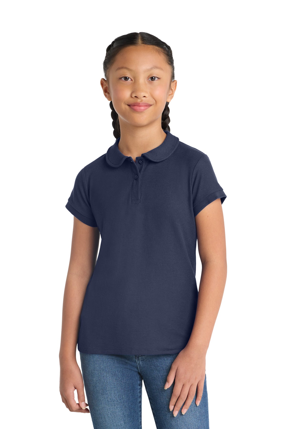 Custom Navy Girls Silk Touch Peter Pan Collar Polo YG503, personalized by SanCanDo Swag in Argyle, TX