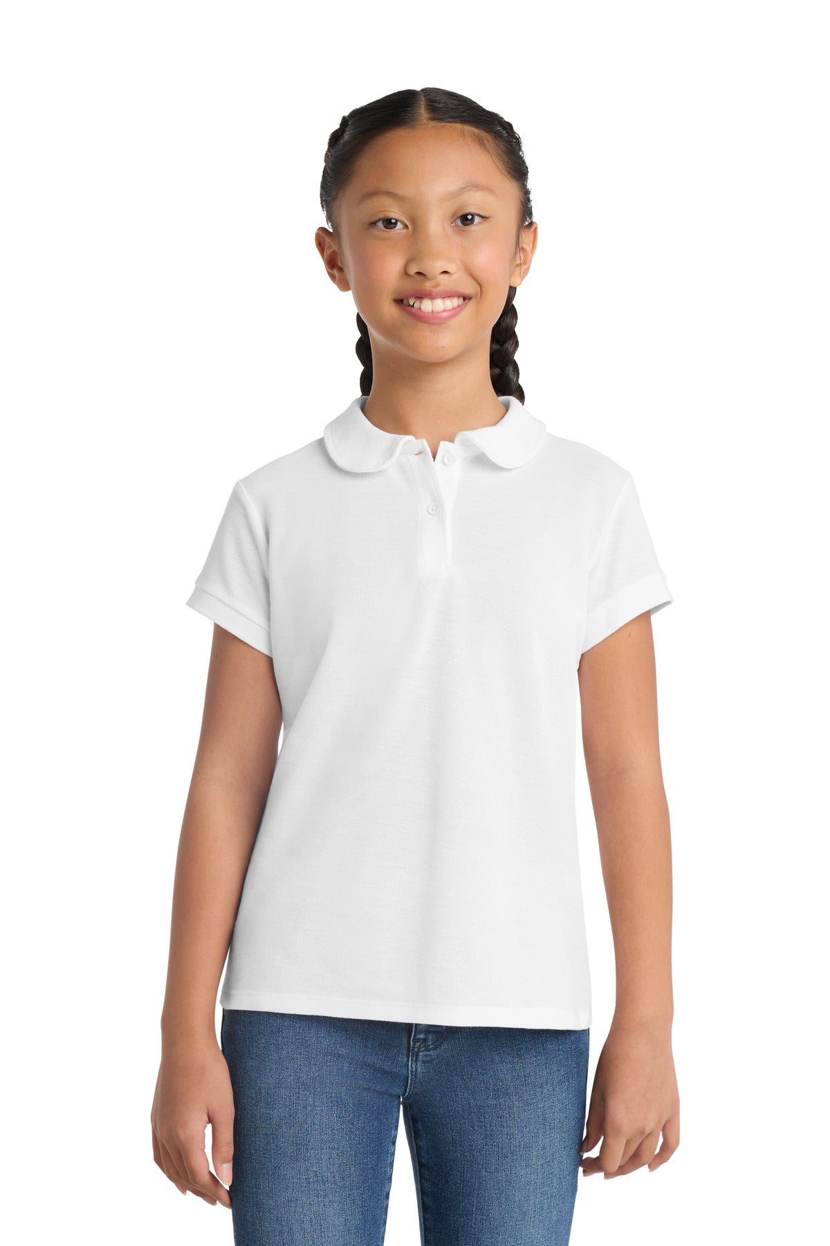 Custom White Girls Silk Touch Peter Pan Collar Polo YG503, personalized by SanCanDo Swag in Argyle, TX