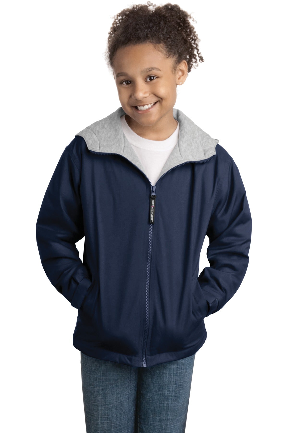 Custom Bright Navy/ Light Oxford Youth Team Jacket YJP56, personalized by SanCanDo Swag in Argyle, TX