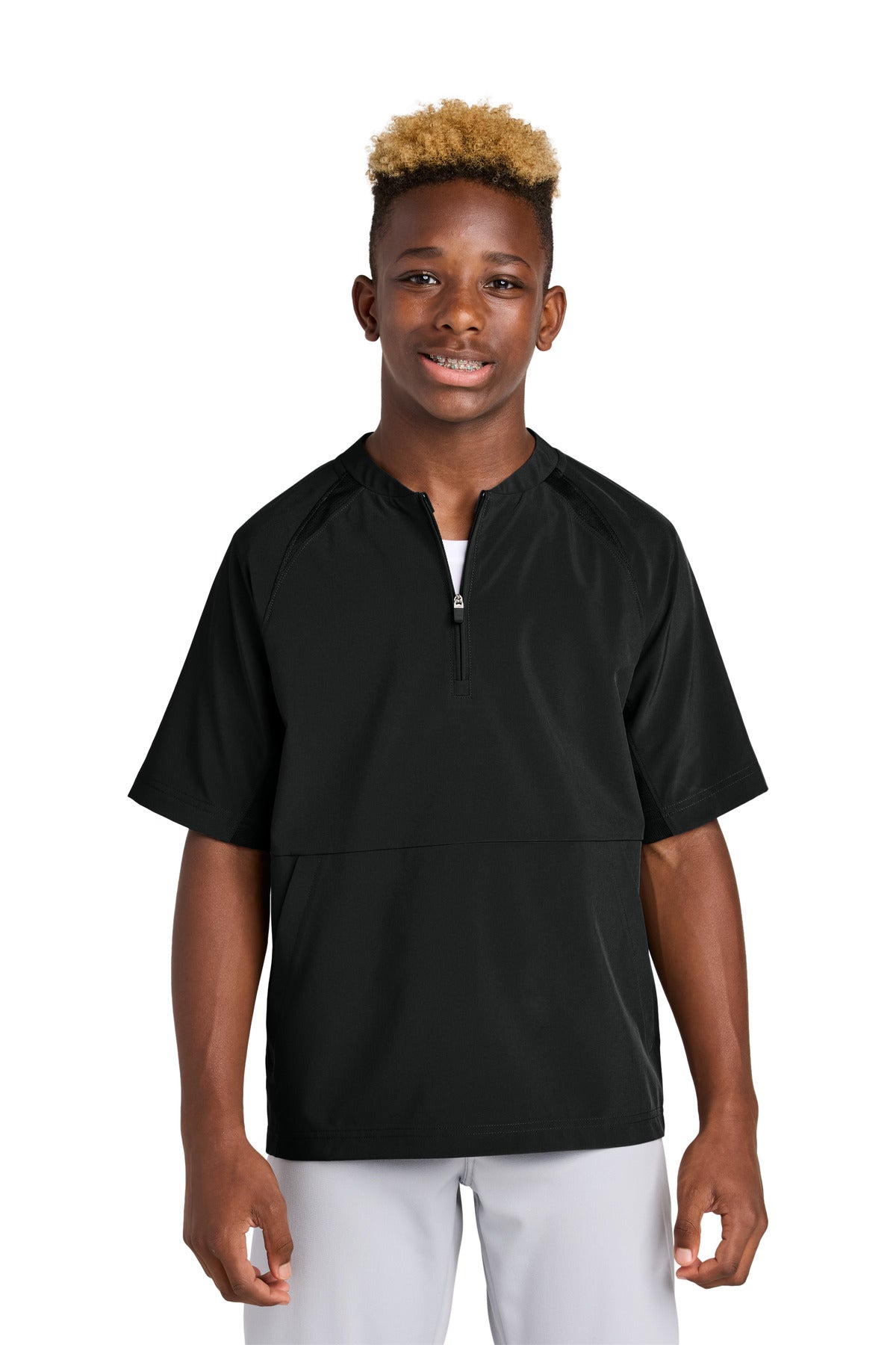Custom Black Youth Repeat 1/2-Zip Short Sleeve Jacket YJST489, personalized by SanCanDo Swag in Argyle, TX