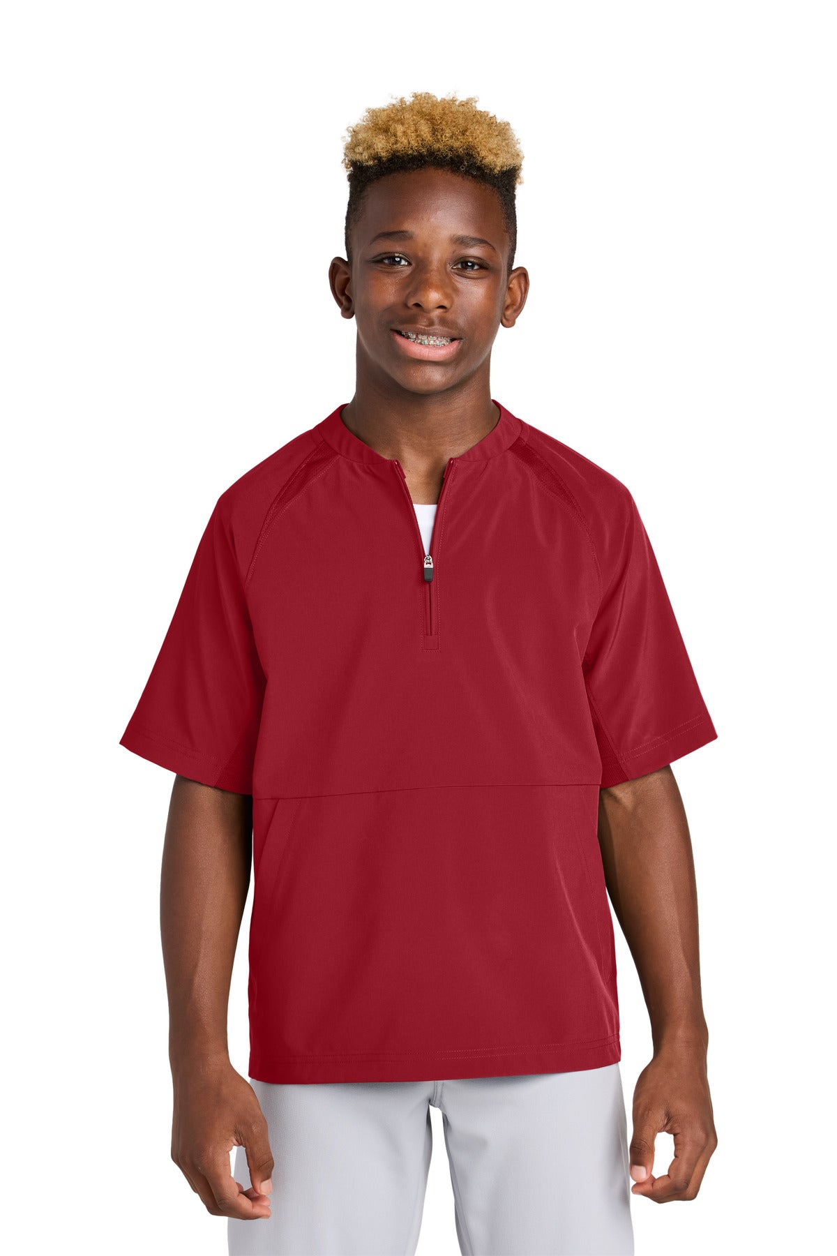 Custom Deep Red Youth Repeat 1/2-Zip Short Sleeve Jacket YJST489, personalized by SanCanDo Swag in Argyle, TX