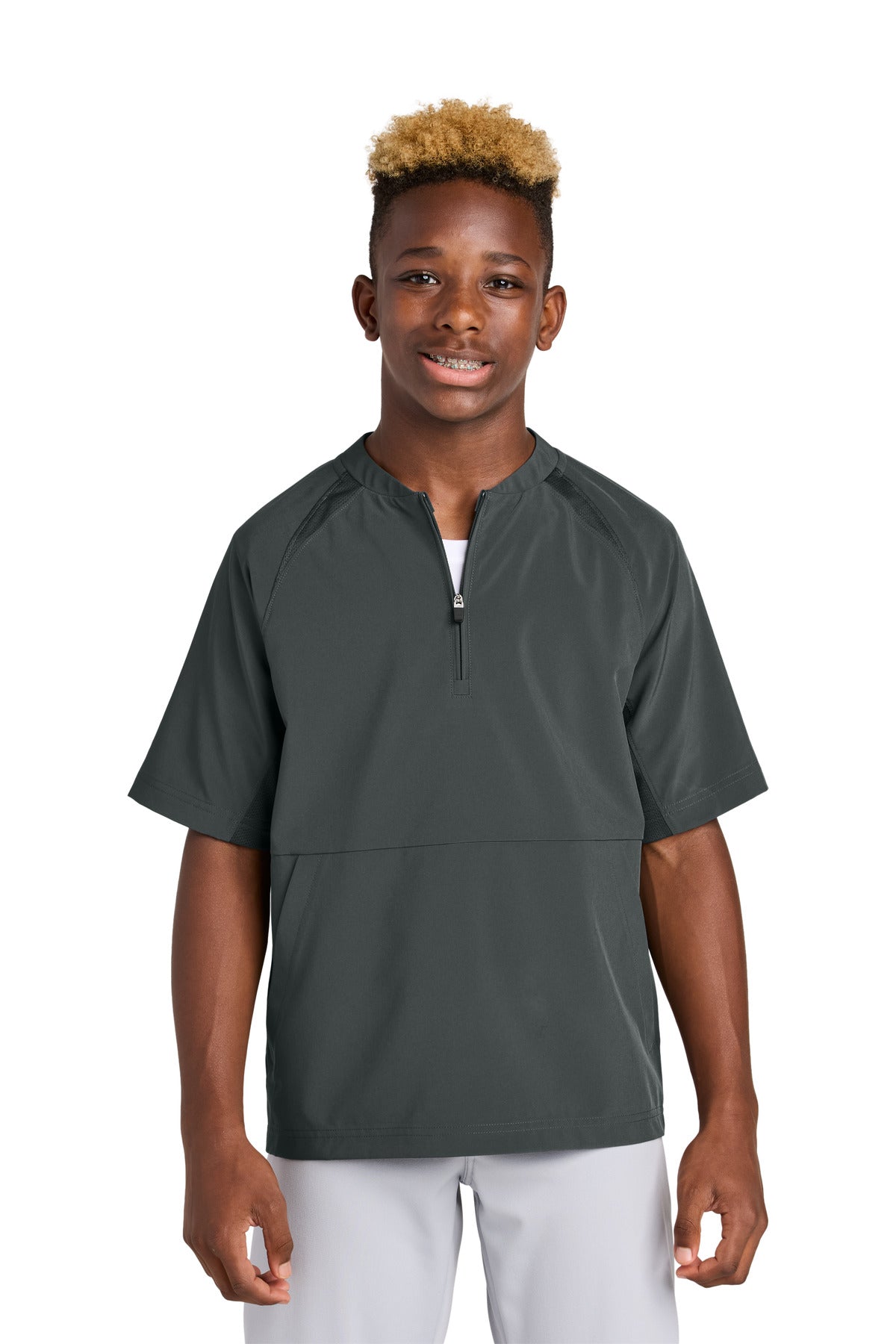 Custom Iron Grey Youth Repeat 1/2-Zip Short Sleeve Jacket YJST489, personalized by SanCanDo Swag in Argyle, TX