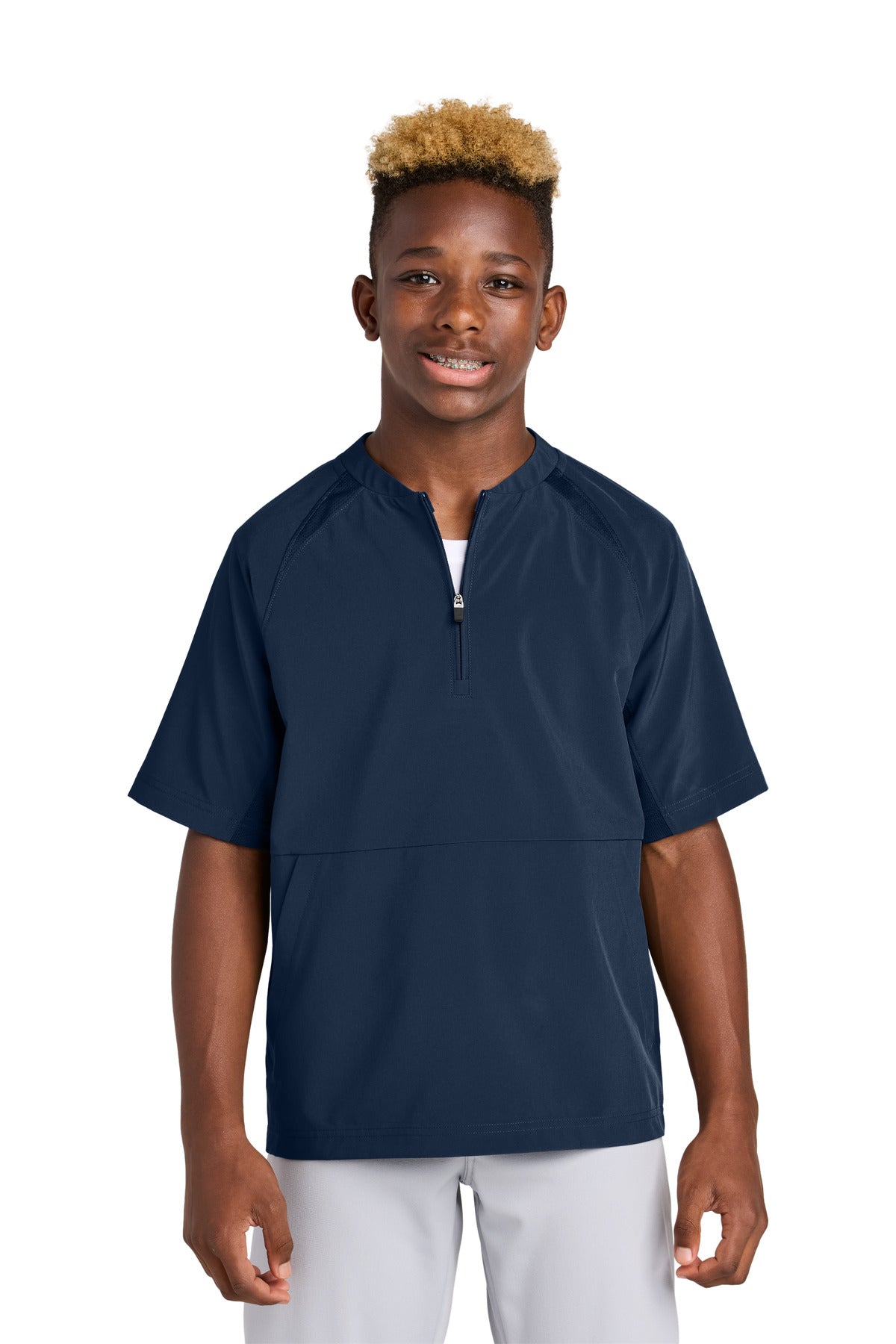 Custom True Navy Youth Repeat 1/2-Zip Short Sleeve Jacket YJST489, personalized by SanCanDo Swag in Argyle, TX