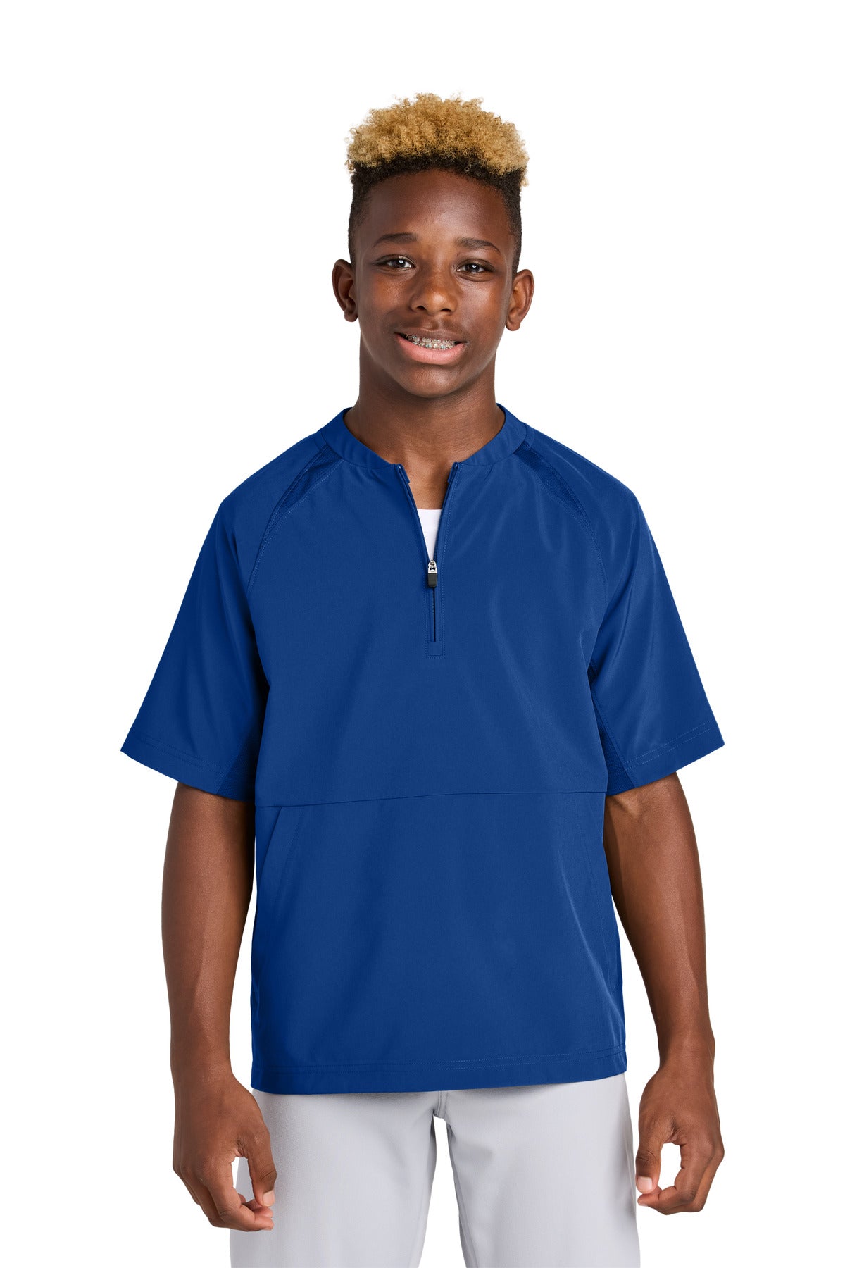 Custom True Royal Youth Repeat 1/2-Zip Short Sleeve Jacket YJST489, personalized by SanCanDo Swag in Argyle, TX