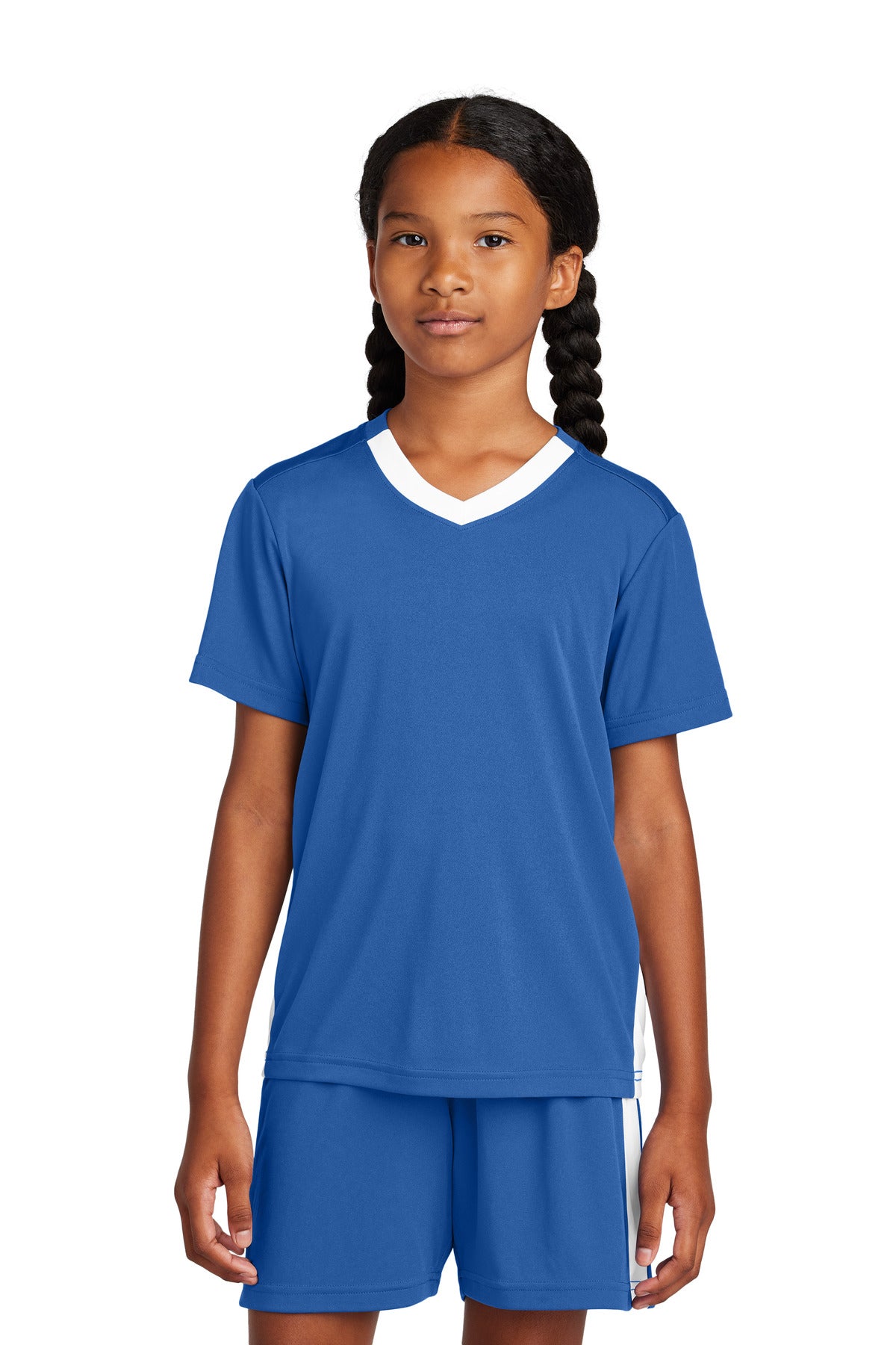 Custom True Royal/ White Youth Competitor United V-Neck YST101, personalized by SanCanDo Swag in Argyle, TX