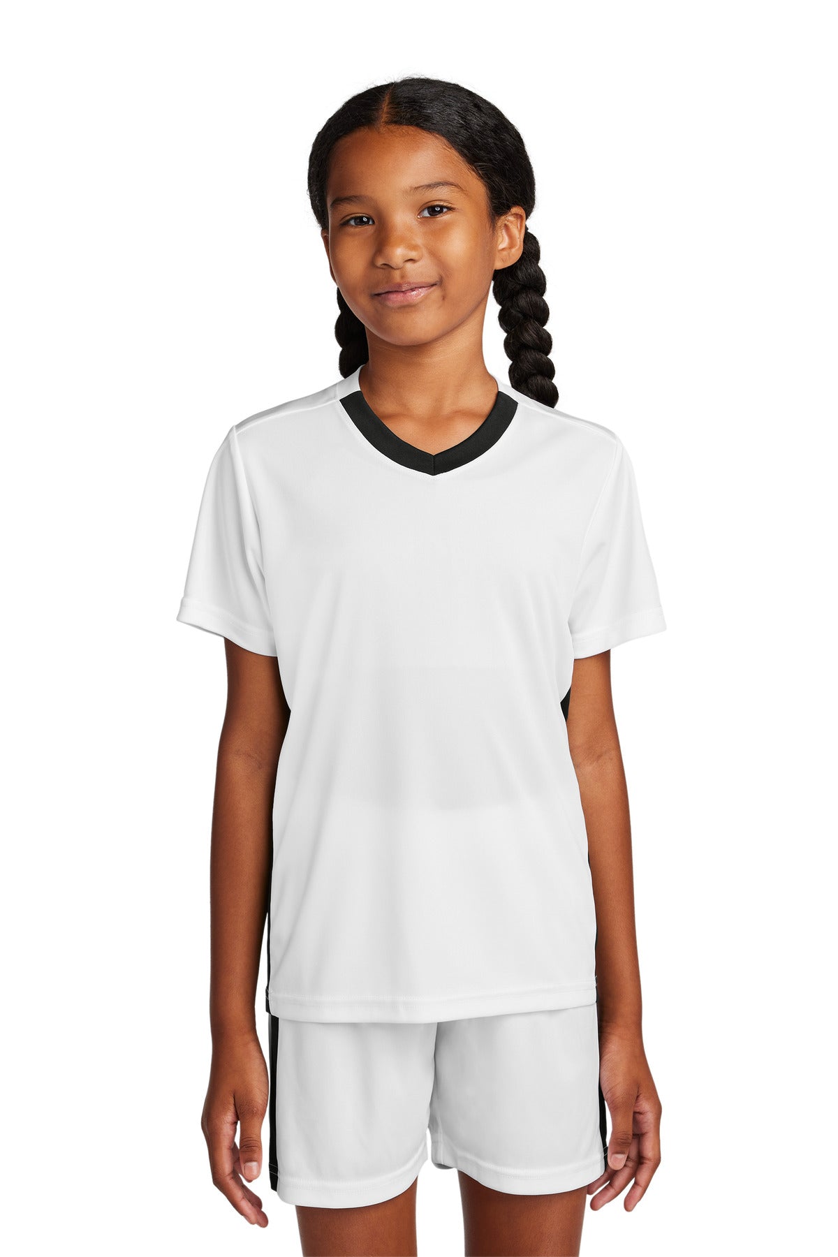 Custom White/ Black Youth Competitor United V-Neck YST101, personalized by SanCanDo Swag in Argyle, TX