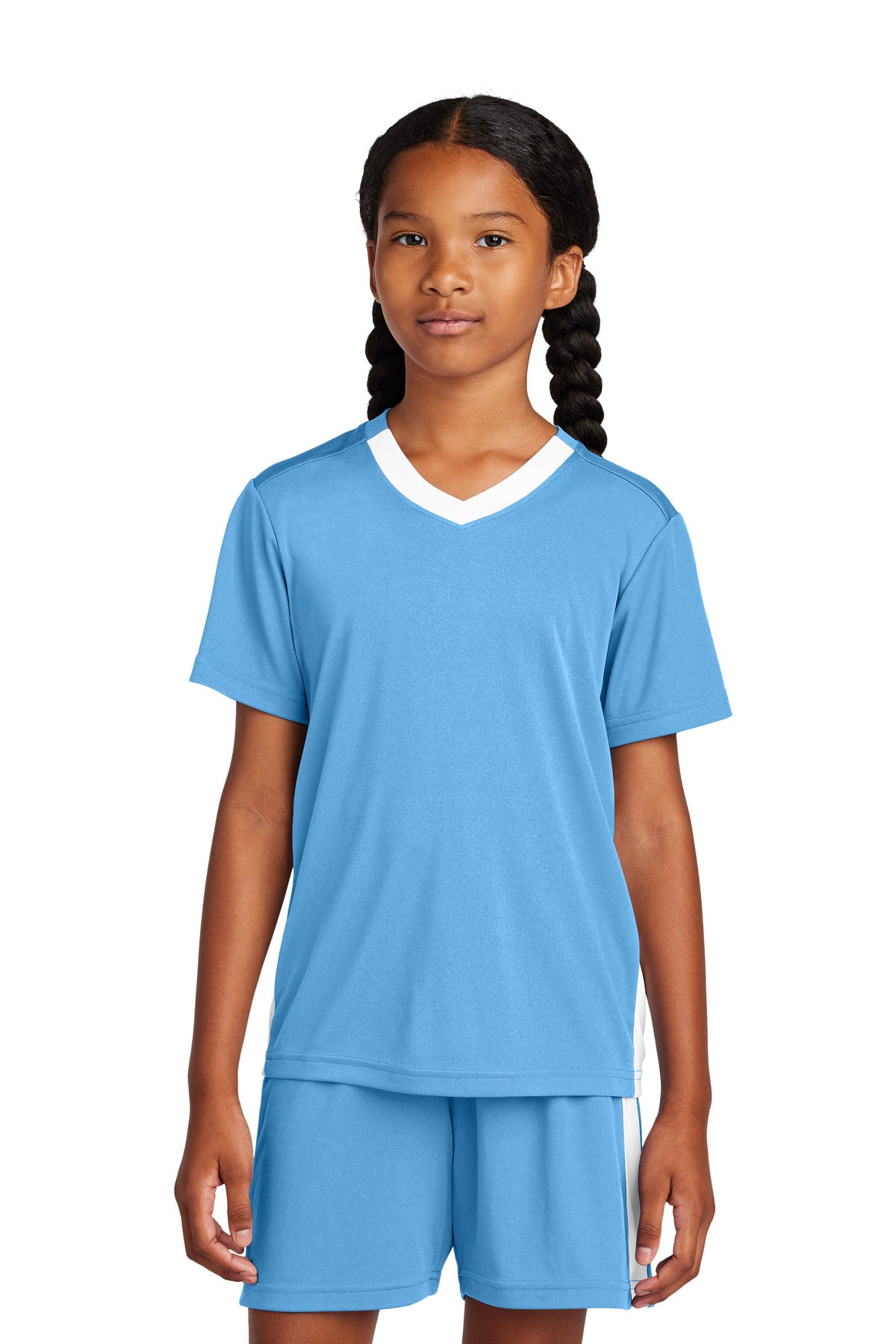 Custom Carolina Blue/ White Youth Competitor United V-Neck YST101, personalized by SanCanDo Swag in Argyle, TX