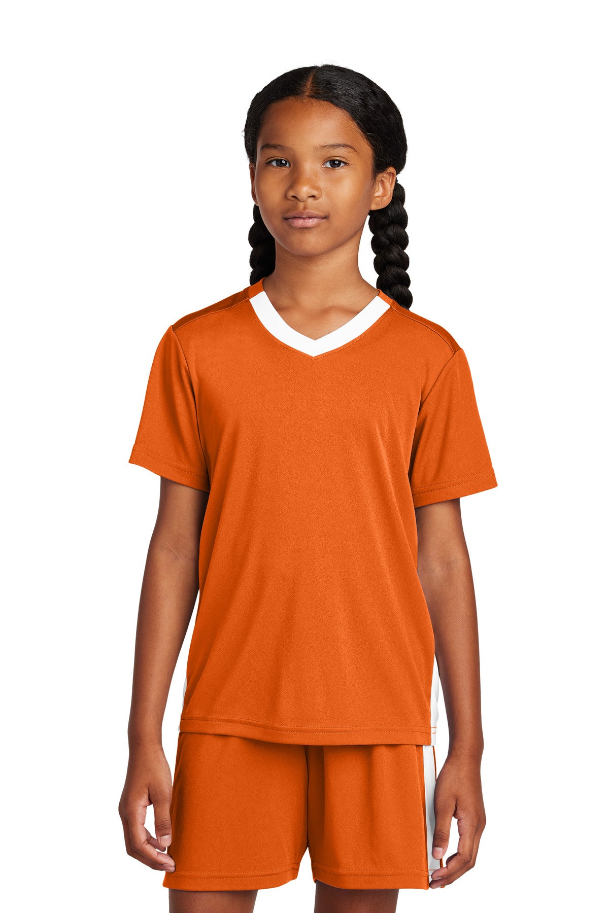 Custom Deep Orange/ White Youth Competitor United V-Neck YST101, personalized by SanCanDo Swag in Argyle, TX