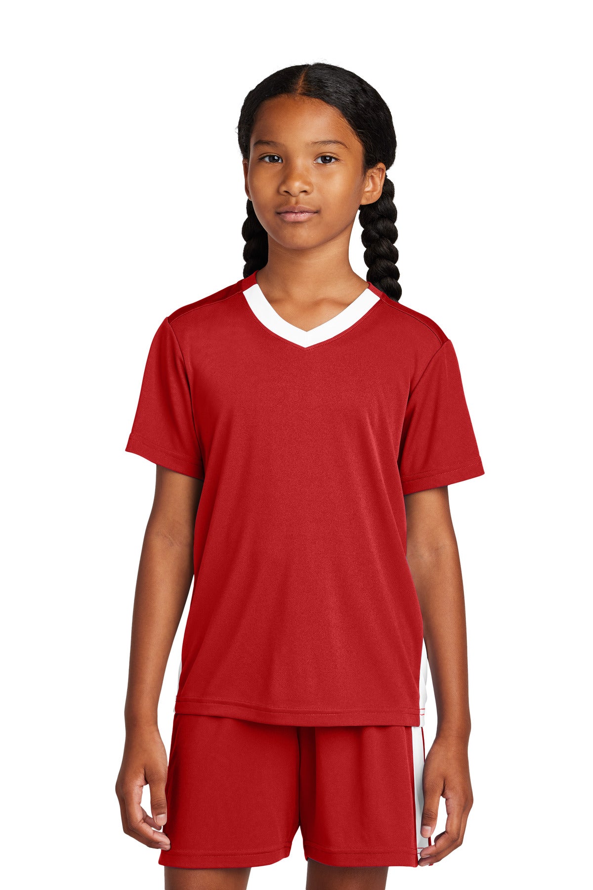 Custom Deep Red/ White Youth Competitor United V-Neck YST101, personalized by SanCanDo Swag in Argyle, TX