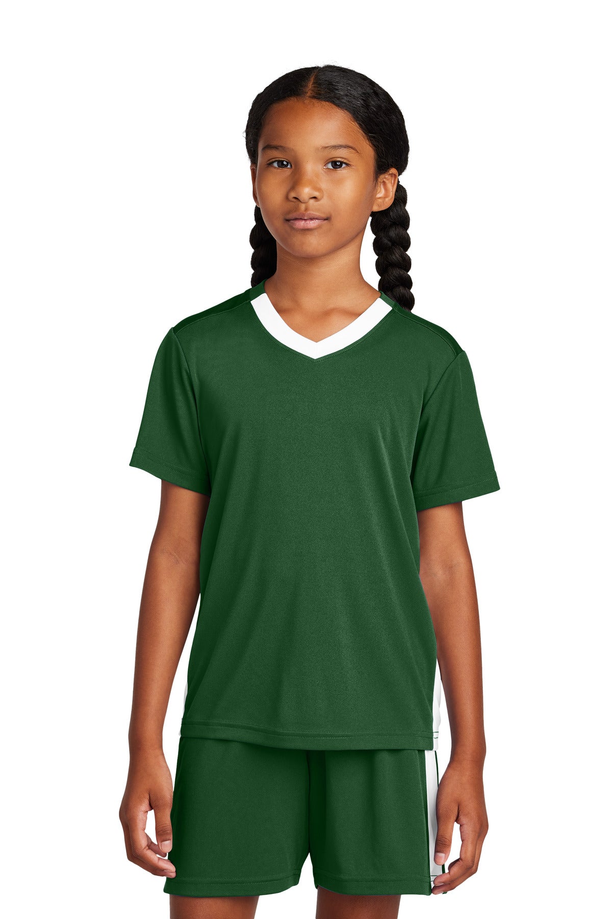 Custom Forest Green/ White Youth Competitor United V-Neck YST101, personalized by SanCanDo Swag in Argyle, TX