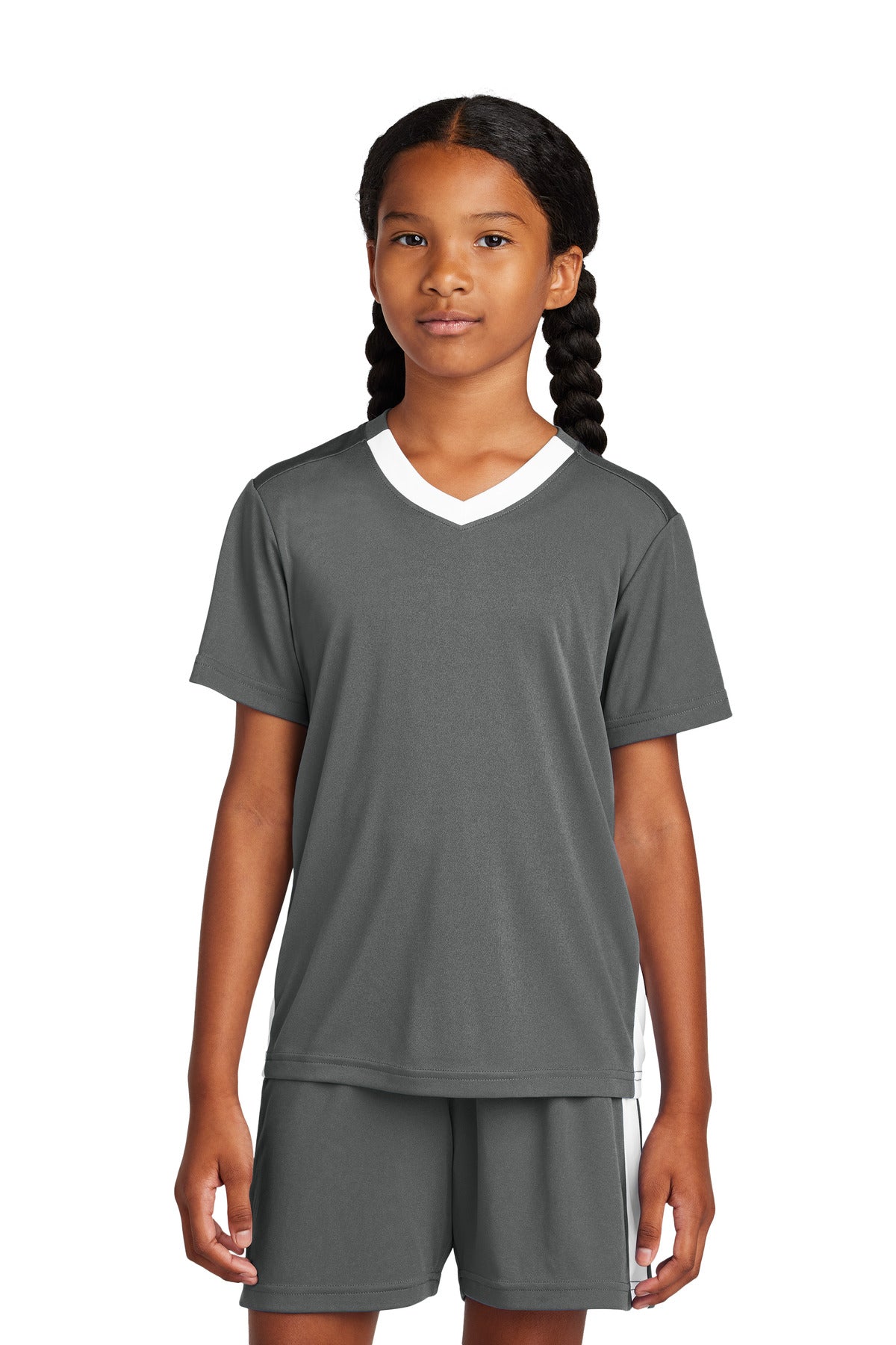 Custom Iron Grey/ White Youth Competitor United V-Neck YST101, personalized by SanCanDo Swag in Argyle, TX