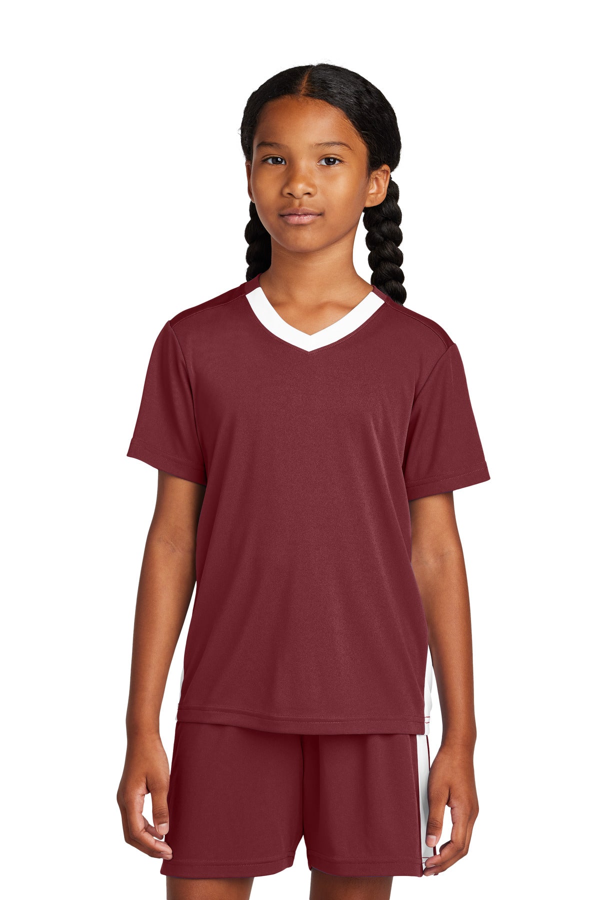 Custom Maroon/ White Youth Competitor United V-Neck YST101, personalized by SanCanDo Swag in Argyle, TX