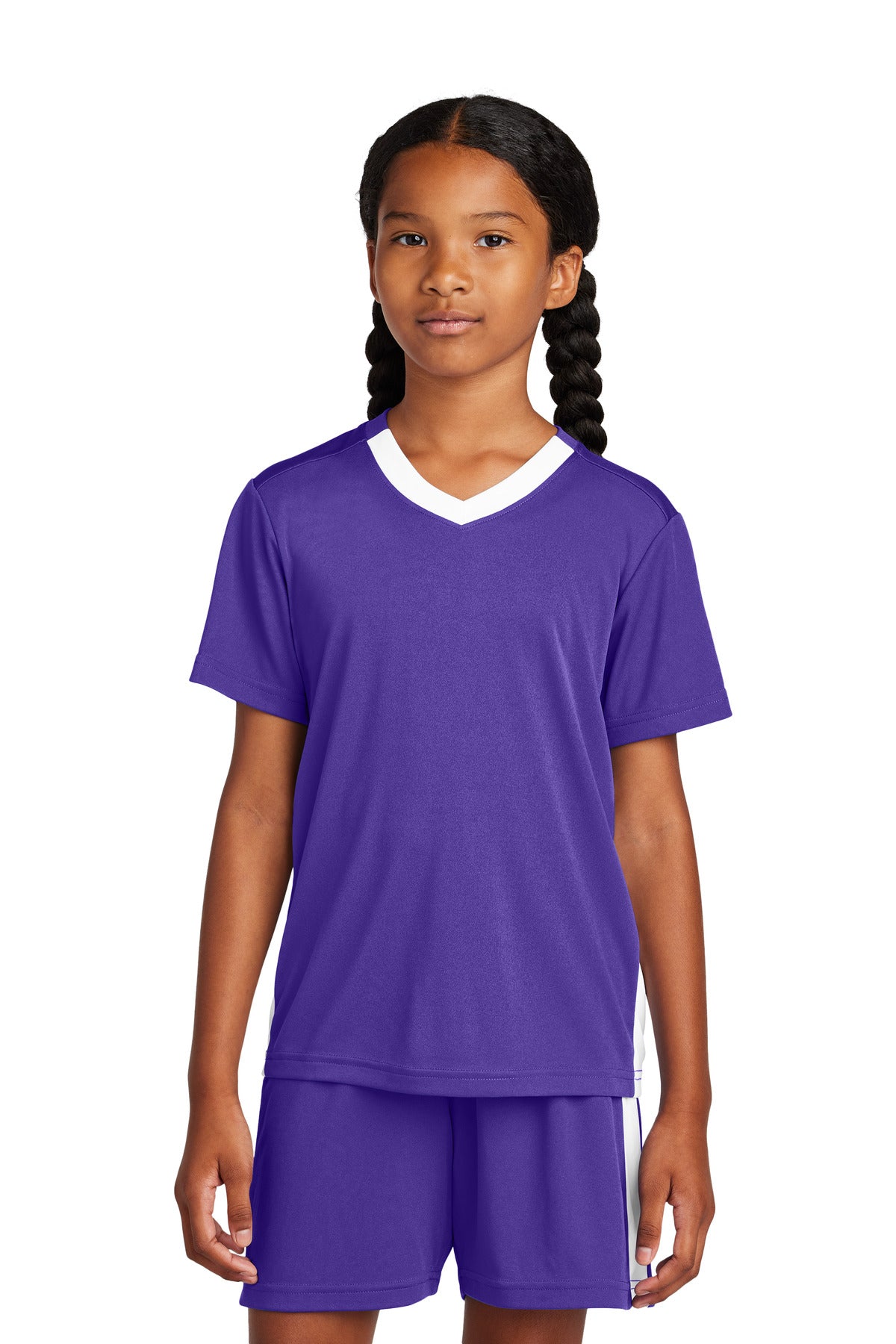 Custom Purple/ White Youth Competitor United V-Neck YST101, personalized by SanCanDo Swag in Argyle, TX