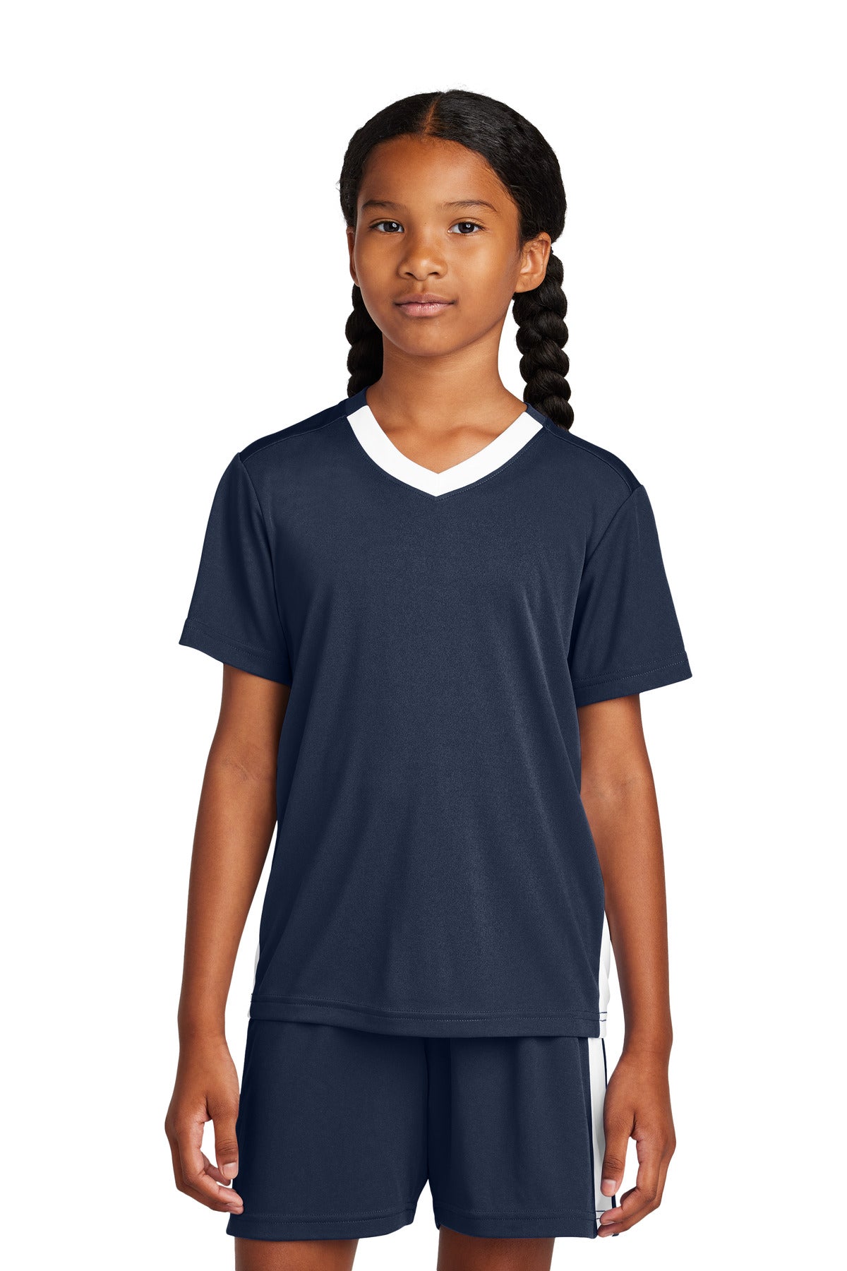Custom True Navy/ White Youth Competitor United V-Neck YST101, personalized by SanCanDo Swag in Argyle, TX