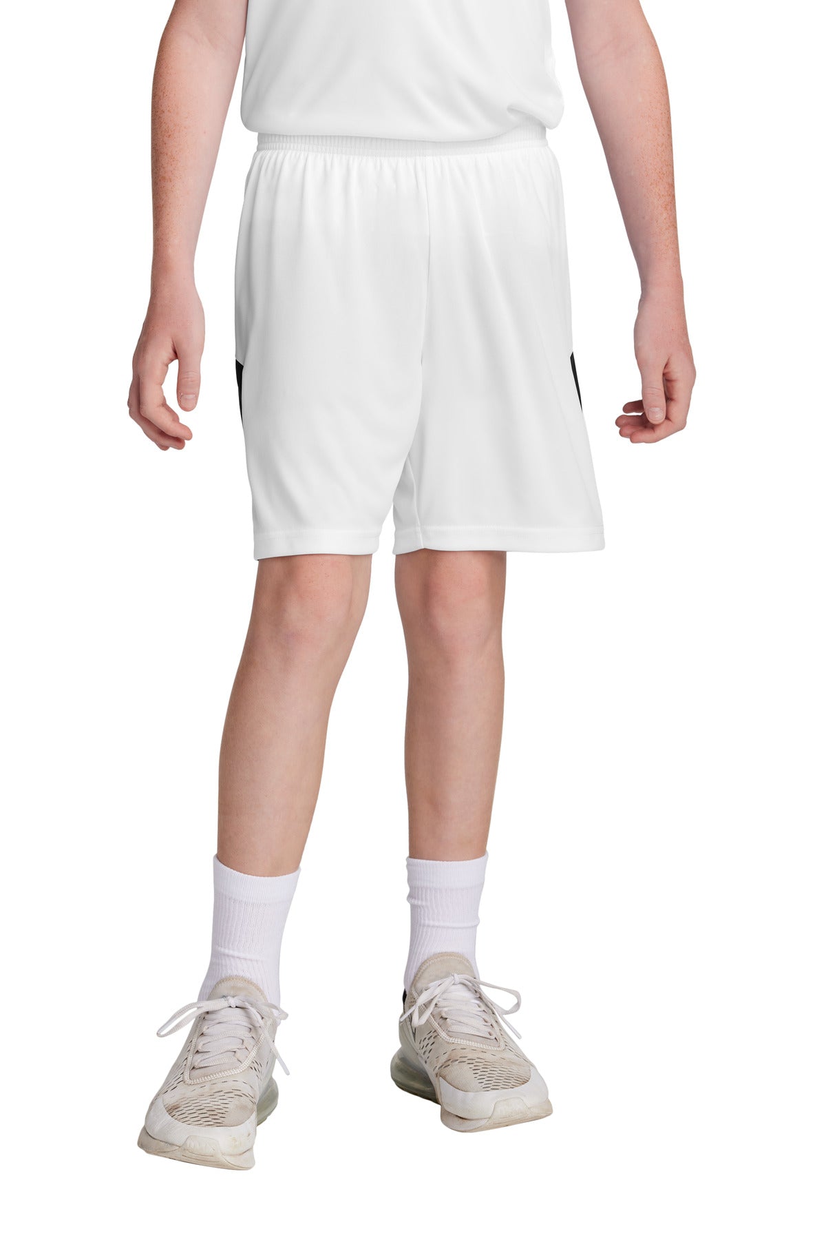 Custom White/ Black Youth Competitor United 5" Short YST103, personalized by SanCanDo Swag in Argyle, TX