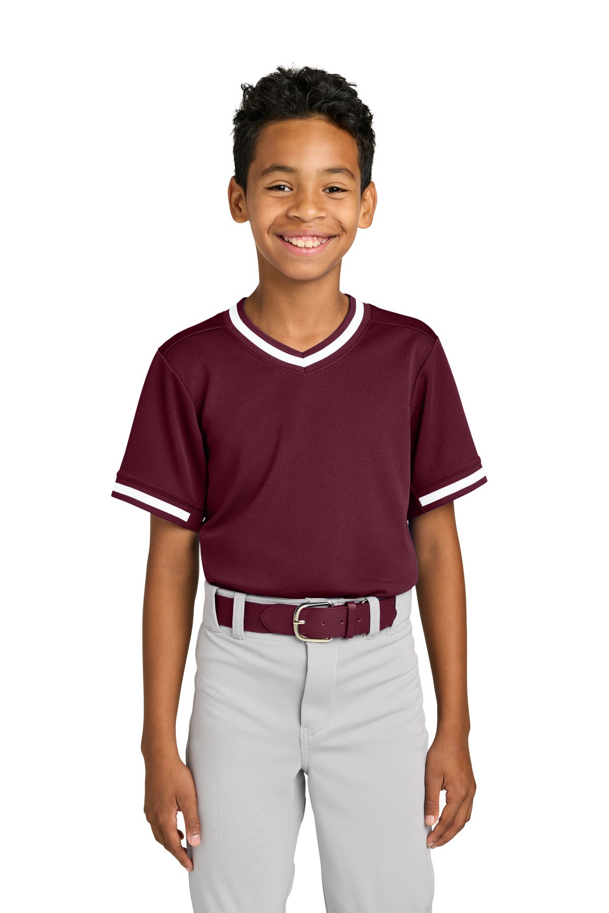 Custom Maroon Youth Tough Mesh V-Neck Baseball Jersey YST221, personalized by SanCanDo Swag in Argyle, TX