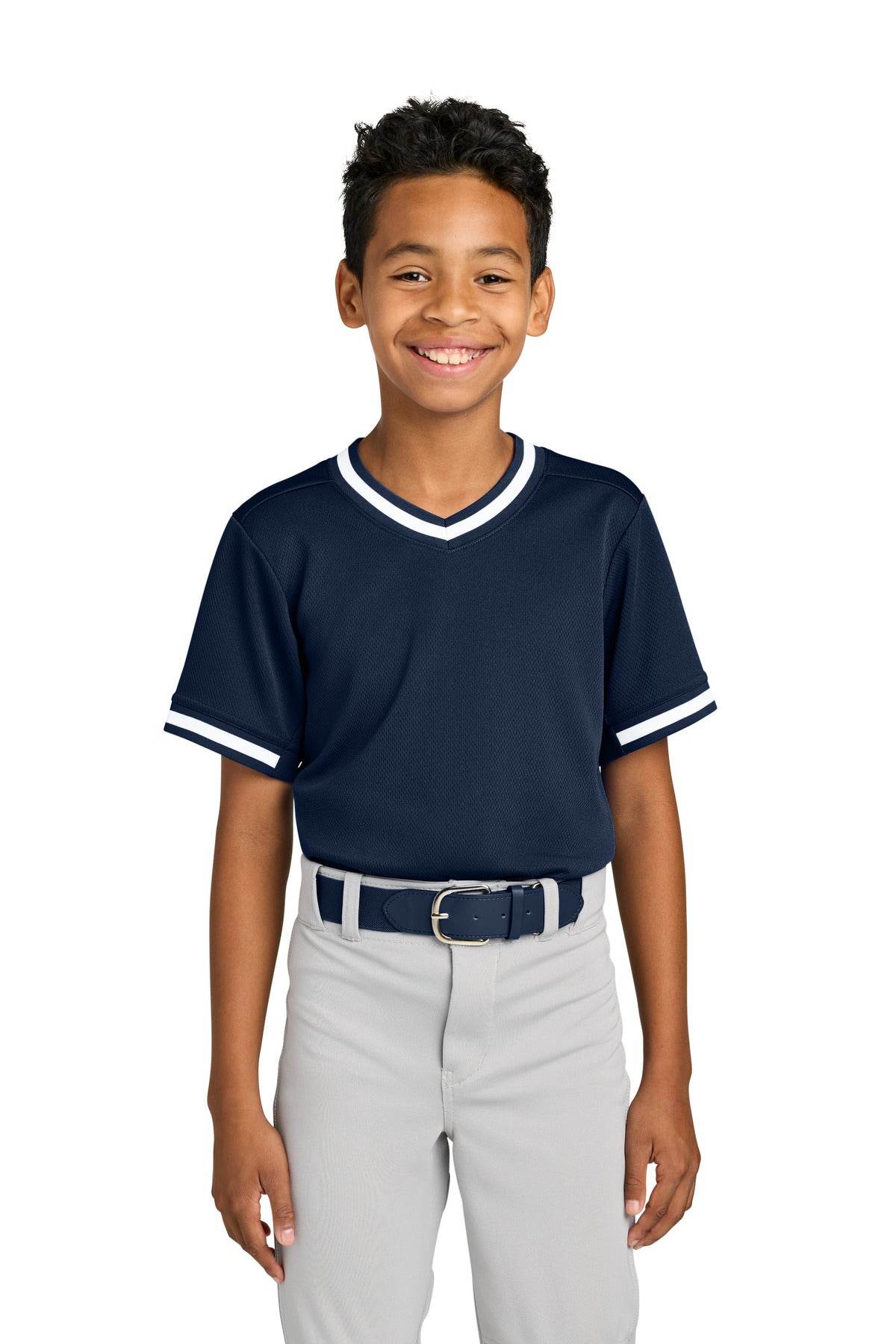 Custom True Navy Youth Tough Mesh V-Neck Baseball Jersey YST221, personalized by SanCanDo Swag in Argyle, TX