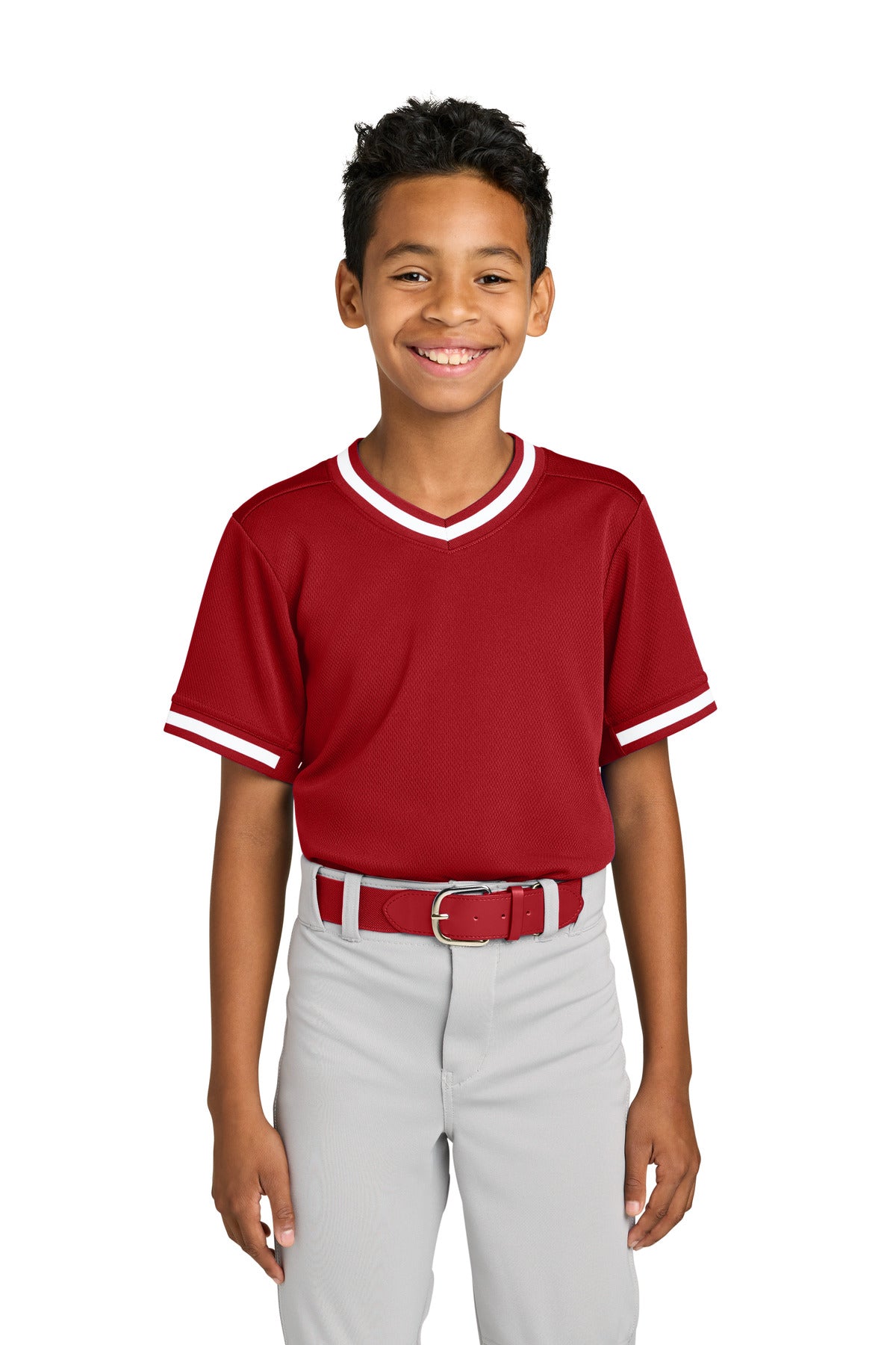 Custom True Red Youth Tough Mesh V-Neck Baseball Jersey YST221, personalized by SanCanDo Swag in Argyle, TX