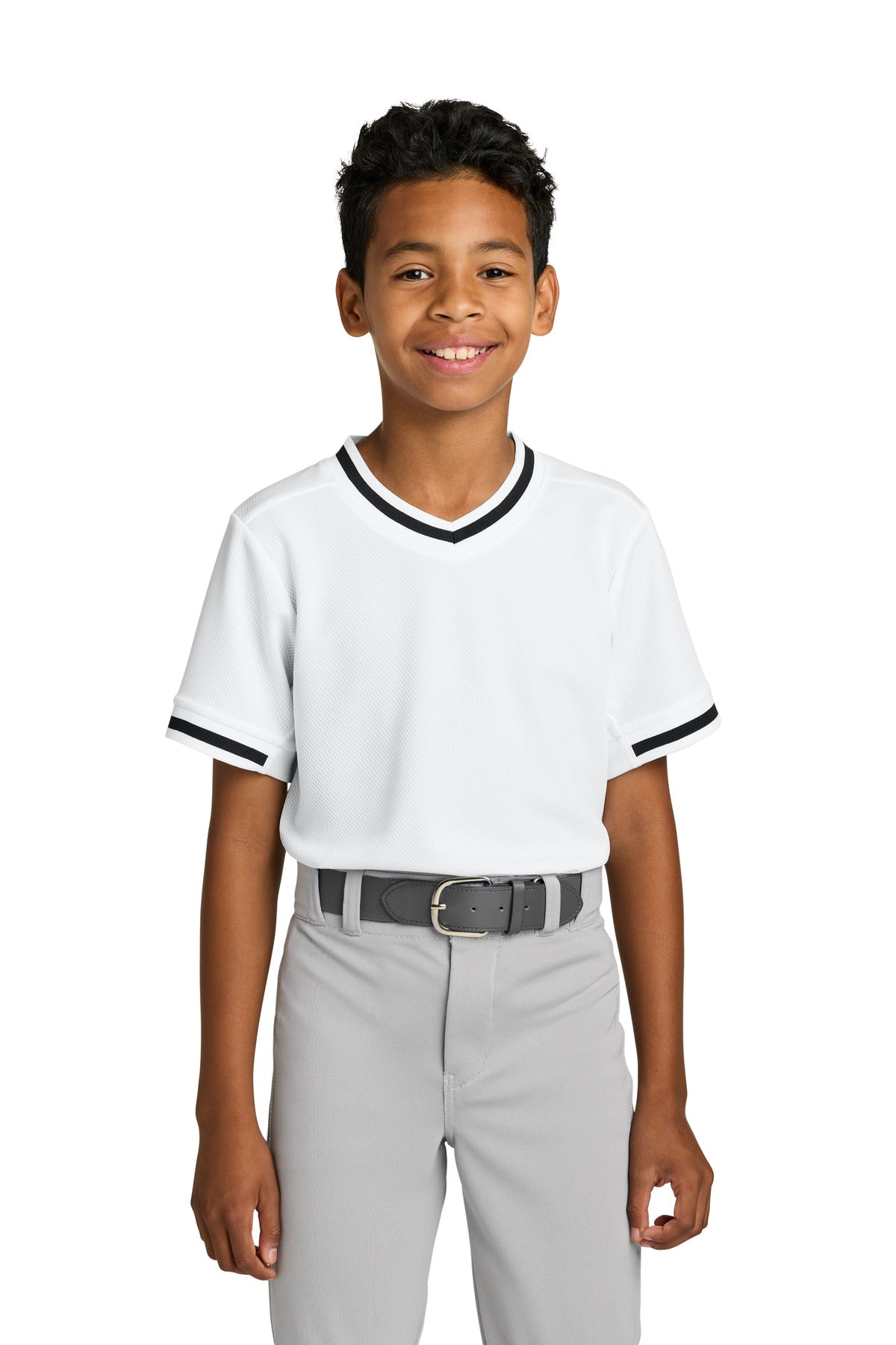 Custom White Youth Tough Mesh V-Neck Baseball Jersey YST221, personalized by SanCanDo Swag in Argyle, TX