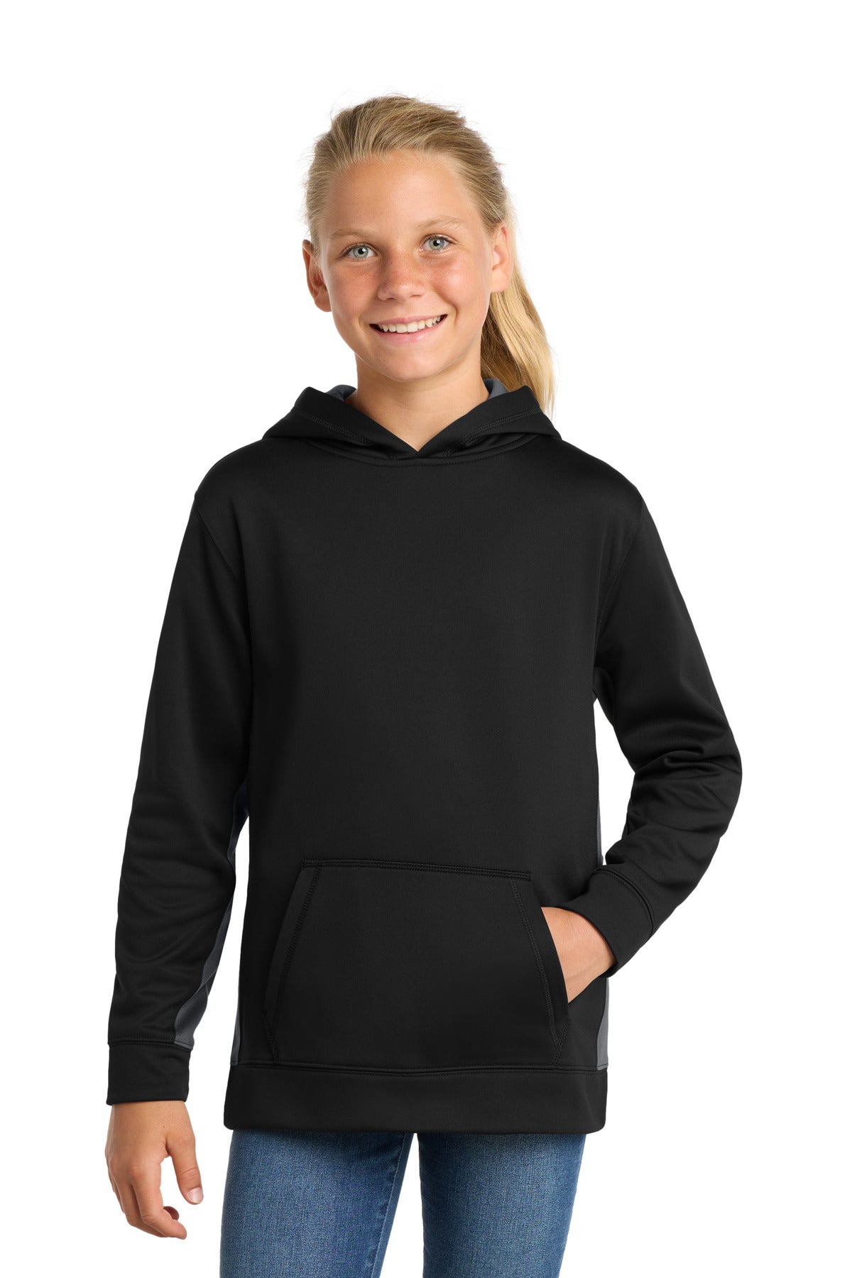 Custom Black/ Dark Smoke Grey Fleece Colorblock Hooded Pullover YST235, personalized by SanCanDo Swag in Argyle, TX