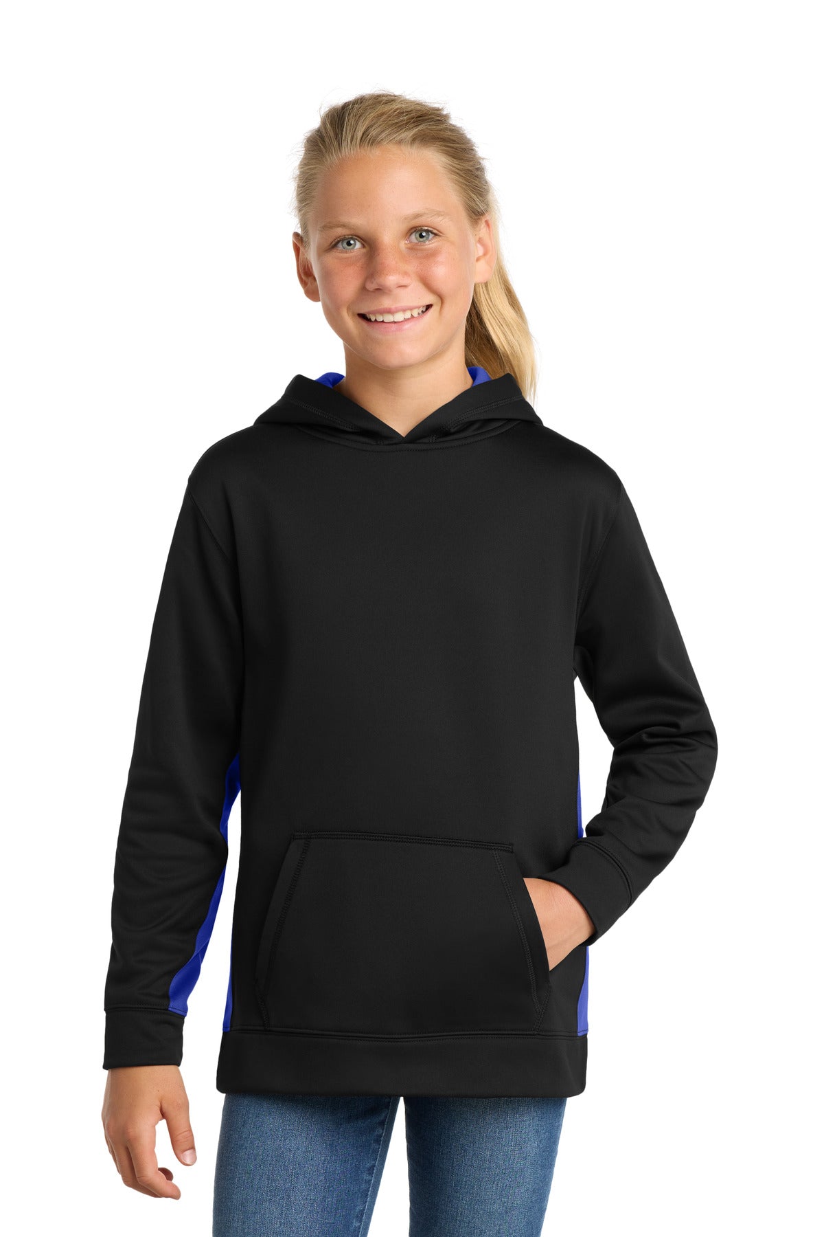 Custom Black/ True Royal Fleece Colorblock Hooded Pullover YST235, personalized by SanCanDo Swag in Argyle, TX