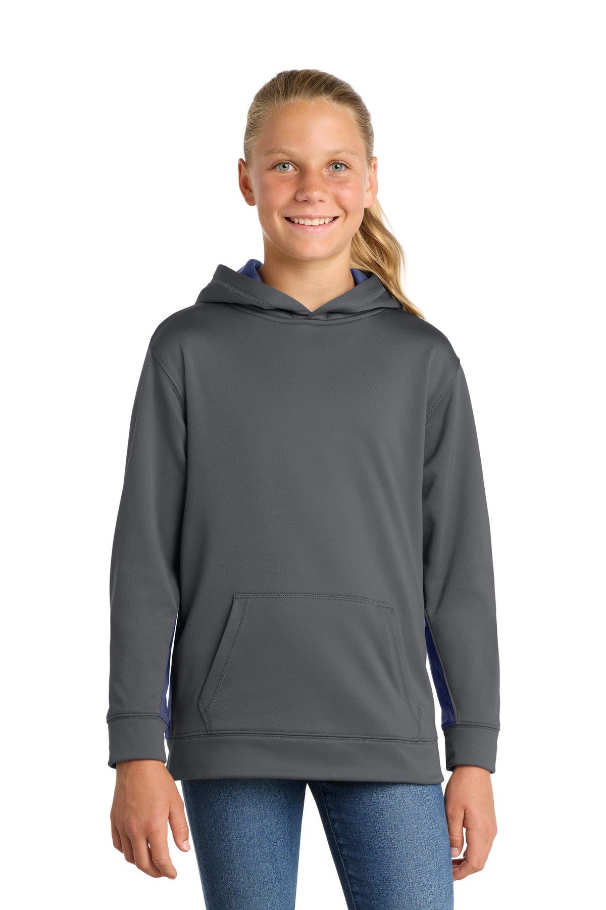 Custom Dark Smoke Grey/ Navy Fleece Colorblock Hooded Pullover YST235, personalized by SanCanDo Swag in Argyle, TX