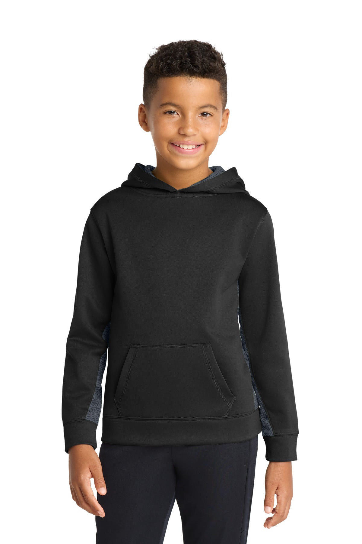 Custom Black/ Dark Smoke Grey Fleece Colorblock Hooded Pullover YST239, personalized by SanCanDo Swag in Argyle, TX