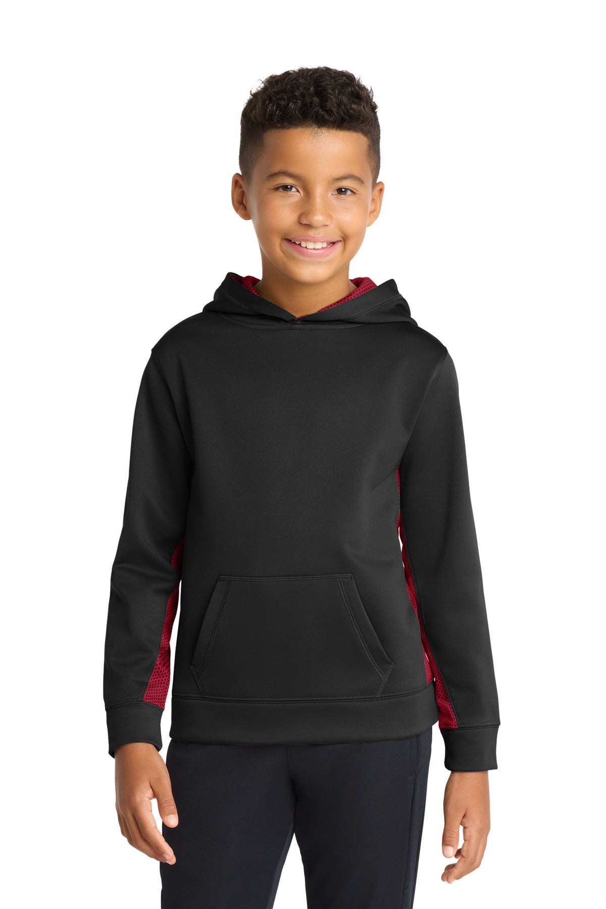 Custom Black/ Deep Red Fleece Colorblock Hooded Pullover YST239, personalized by SanCanDo Swag in Argyle, TX