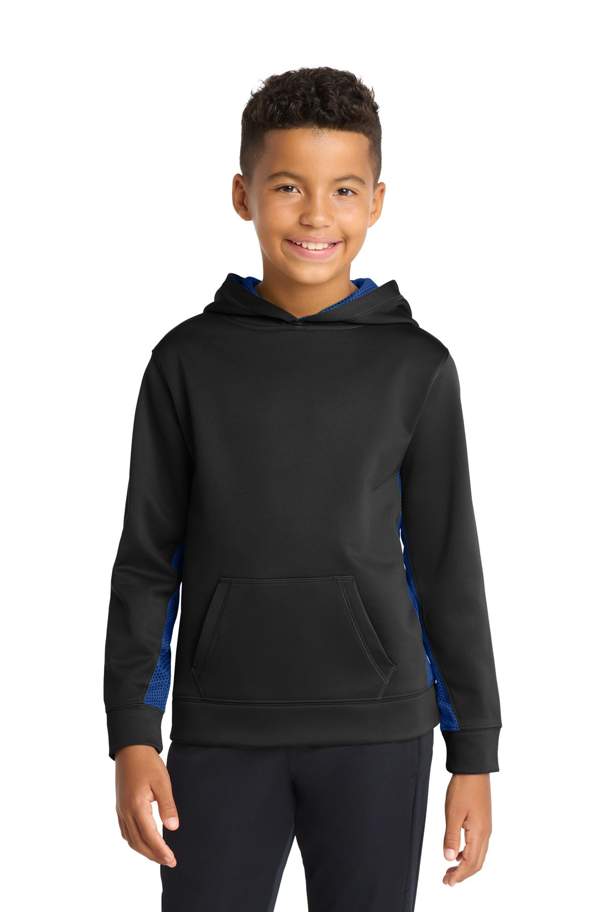 Custom Black/ True Royal Fleece Colorblock Hooded Pullover YST239, personalized by SanCanDo Swag in Argyle, TX