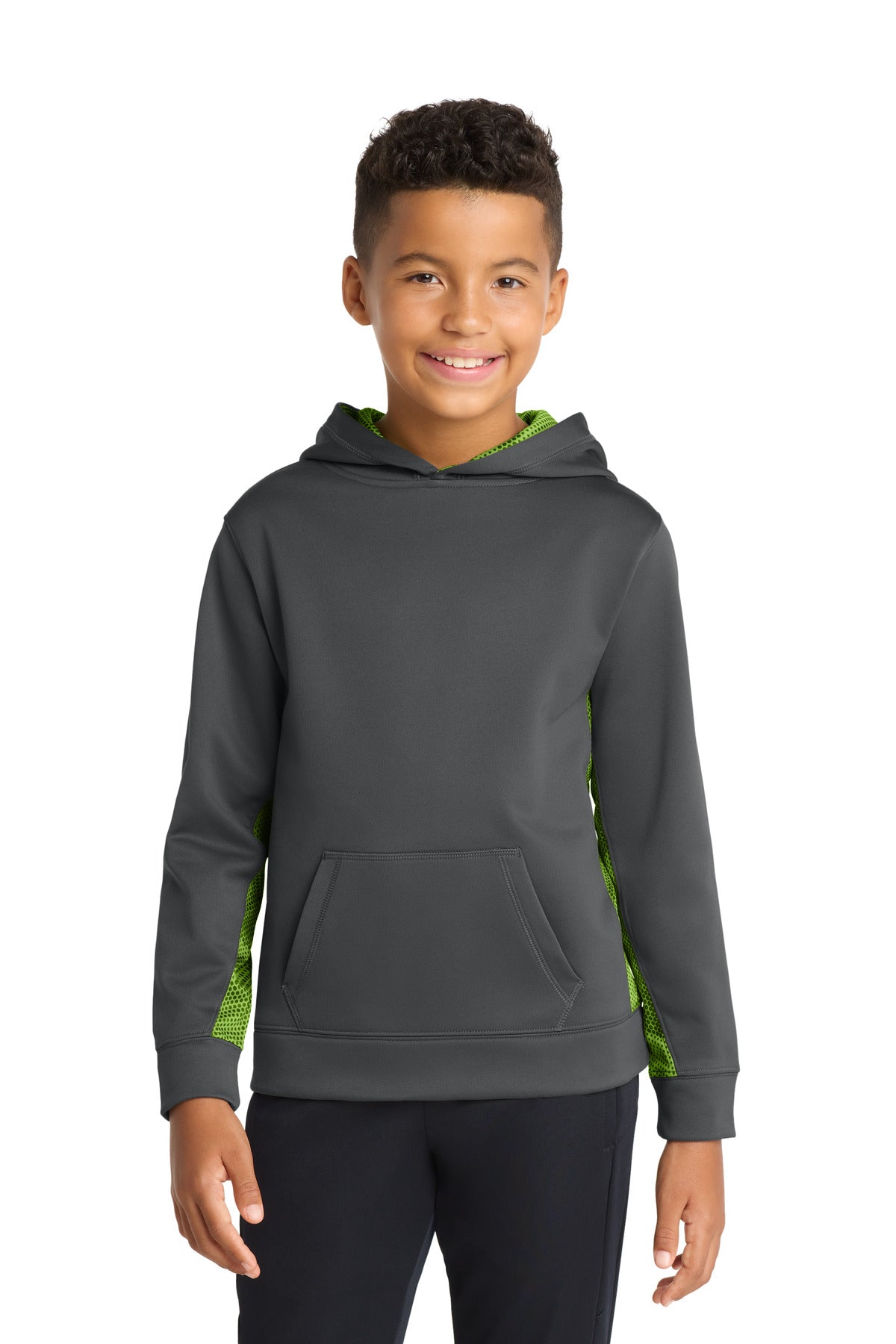 Custom Dark Smoke Grey/ Lime Shock Fleece Colorblock Hooded Pullover YST239, personalized by SanCanDo Swag in Argyle, TX