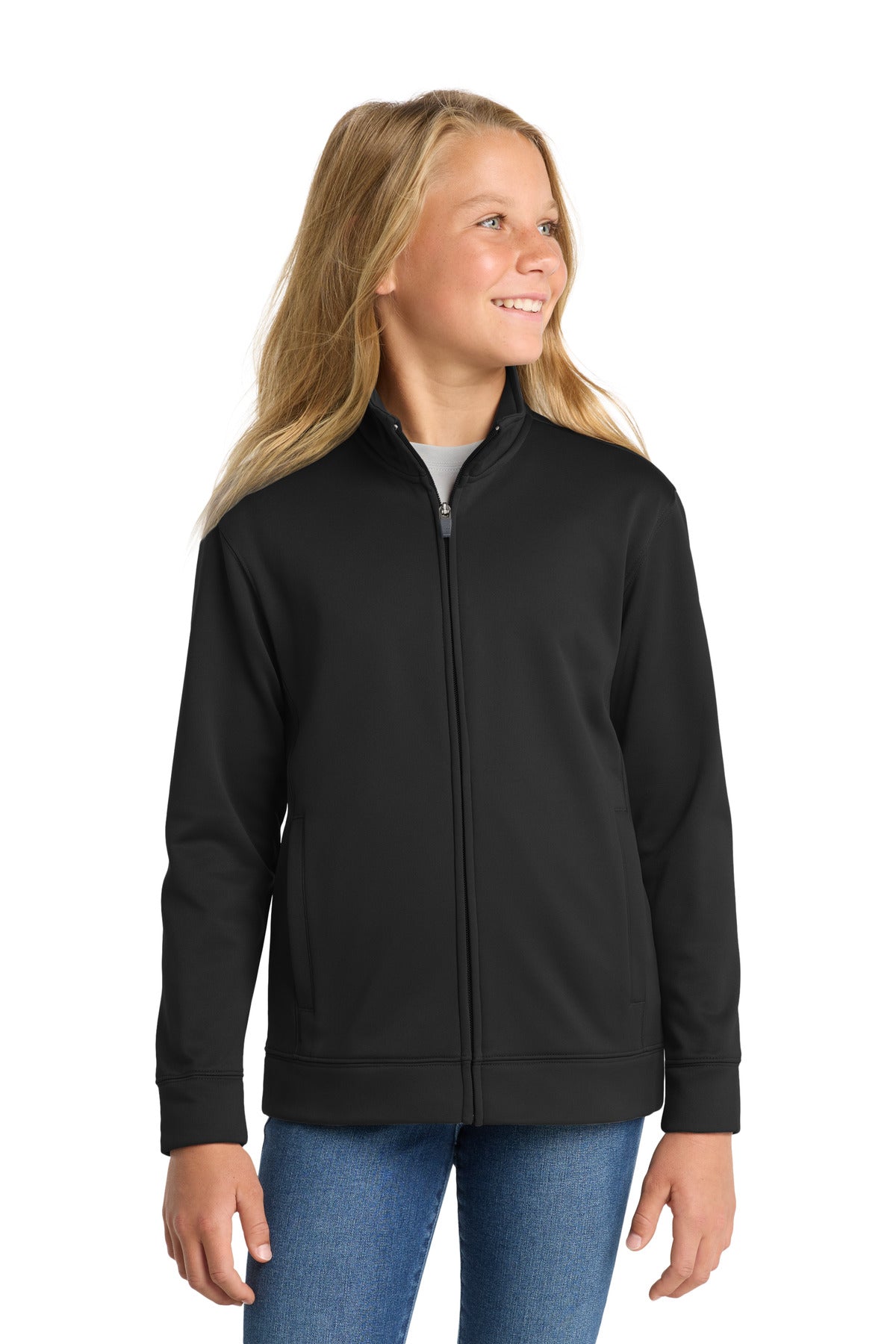 Custom Black Youth Sport-Wick Fleece Full-Zip Jacket YST241, personalized by SanCanDo Swag in Argyle, TX