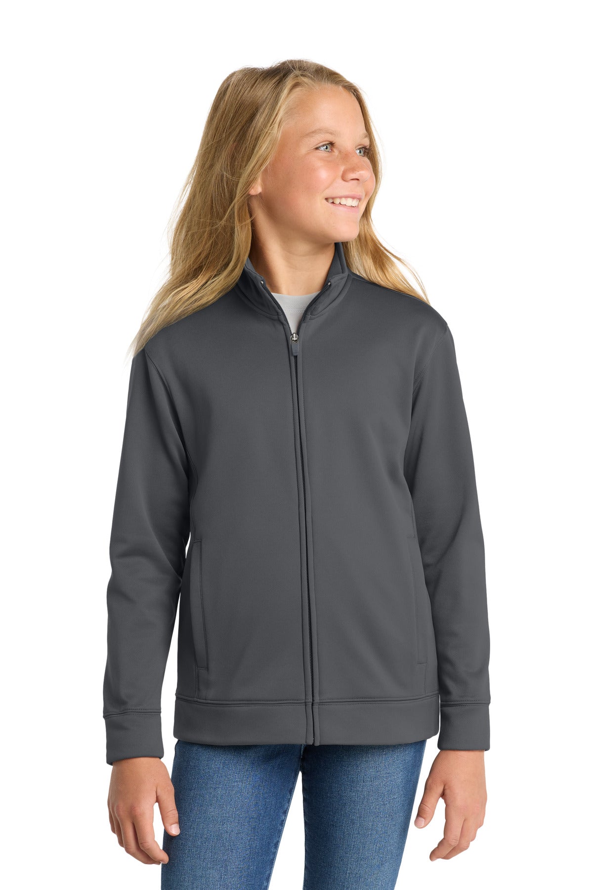 Custom Dark Smoke Grey Youth Sport-Wick Fleece Full-Zip Jacket YST241, personalized by SanCanDo Swag in Argyle, TX