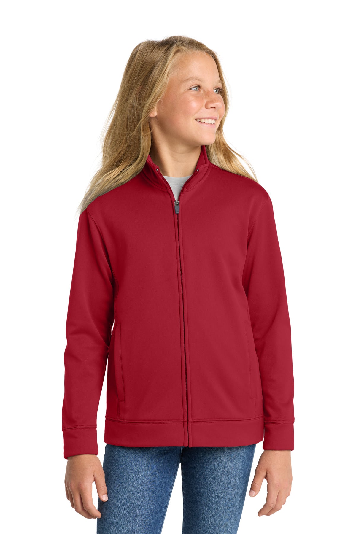 Custom Deep Red Youth Sport-Wick Fleece Full-Zip Jacket YST241, personalized by SanCanDo Swag in Argyle, TX