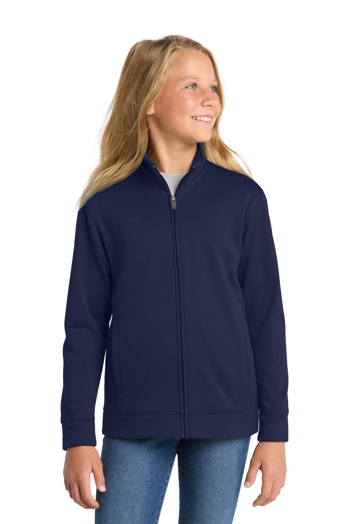 Custom Navy Youth Sport-Wick Fleece Full-Zip Jacket YST241, personalized by SanCanDo Swag in Argyle, TX