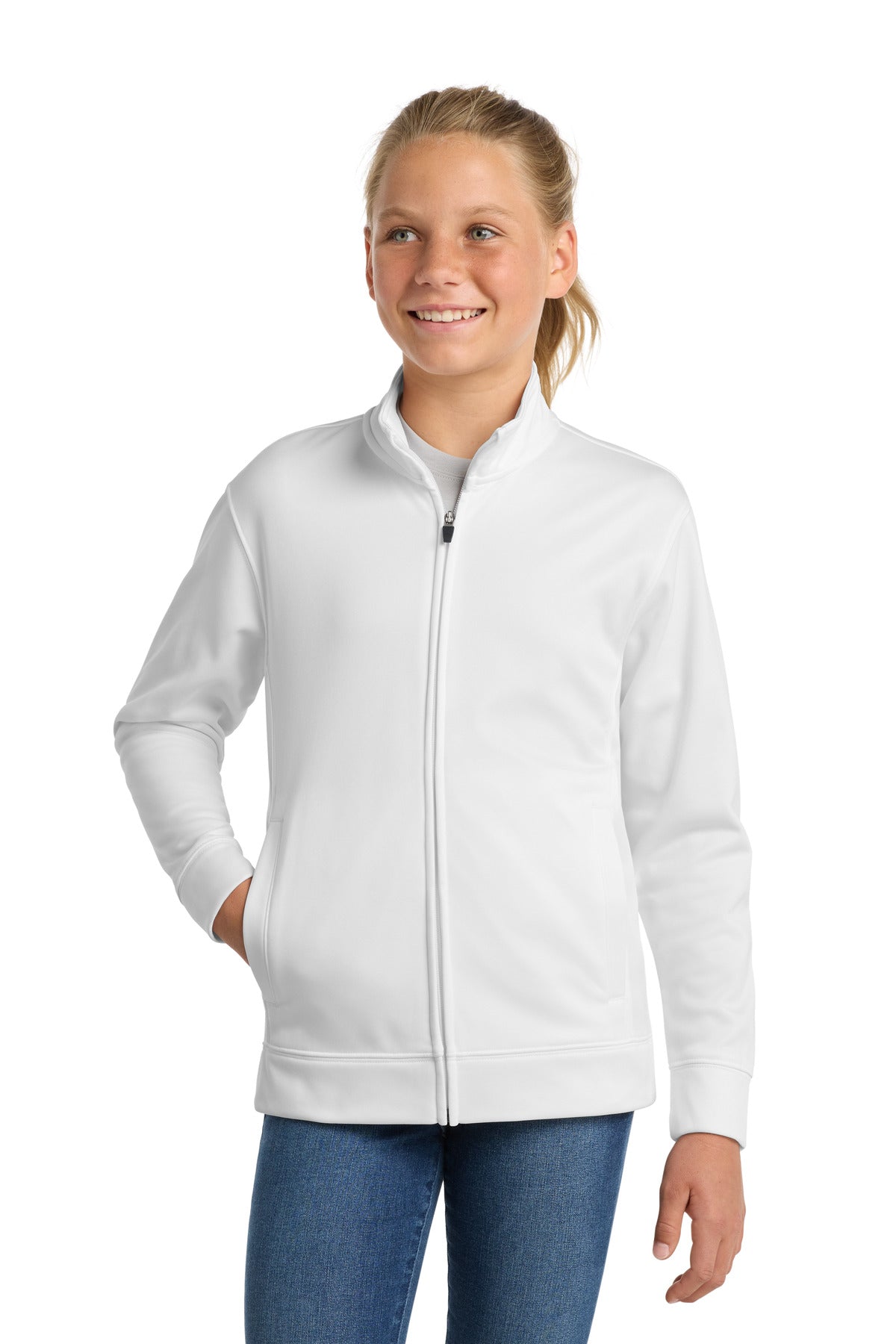 Custom White Youth Sport-Wick Fleece Full-Zip Jacket YST241, personalized by SanCanDo Swag in Argyle, TX