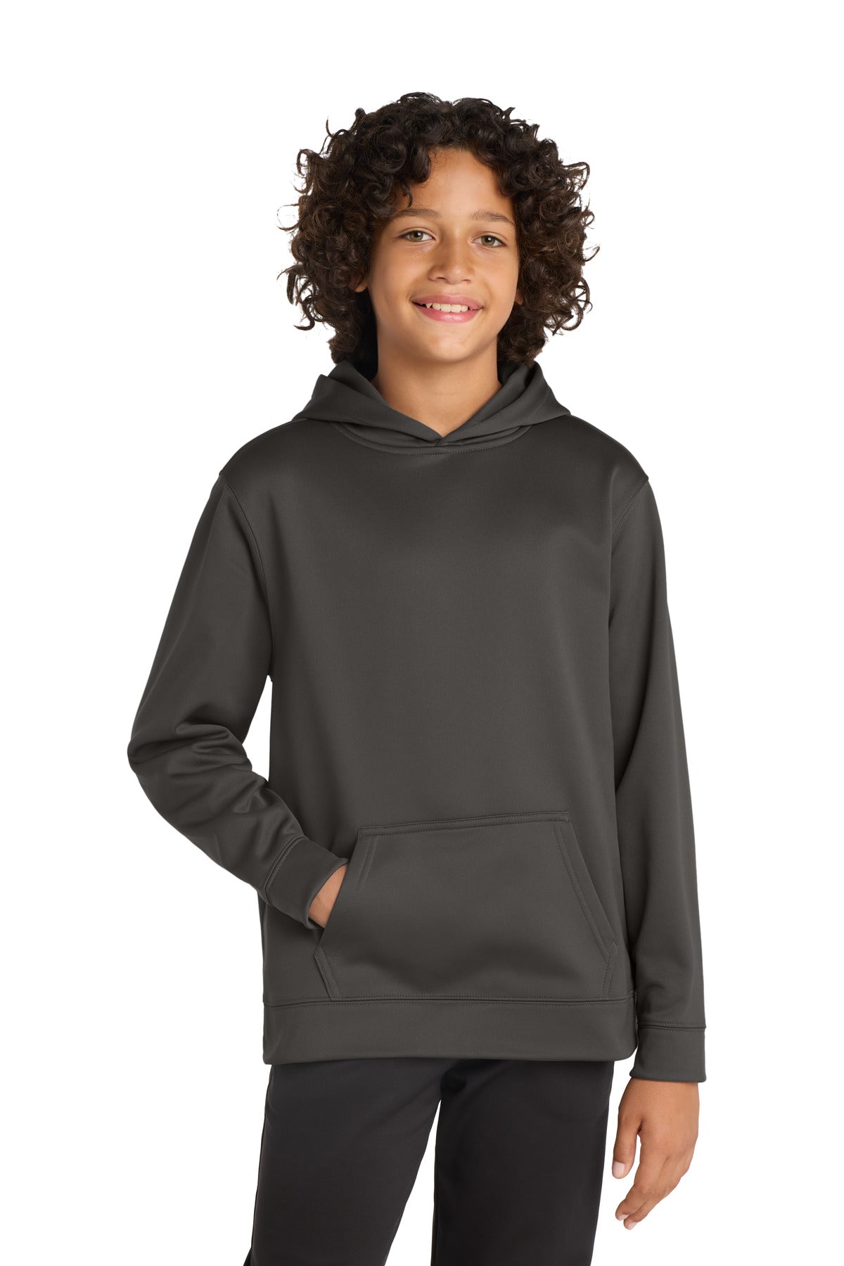 Custom Iron Grey Youth Sport-Wick Fleece Hooded Pullover YST244, personalized by SanCanDo Swag in Argyle, TX