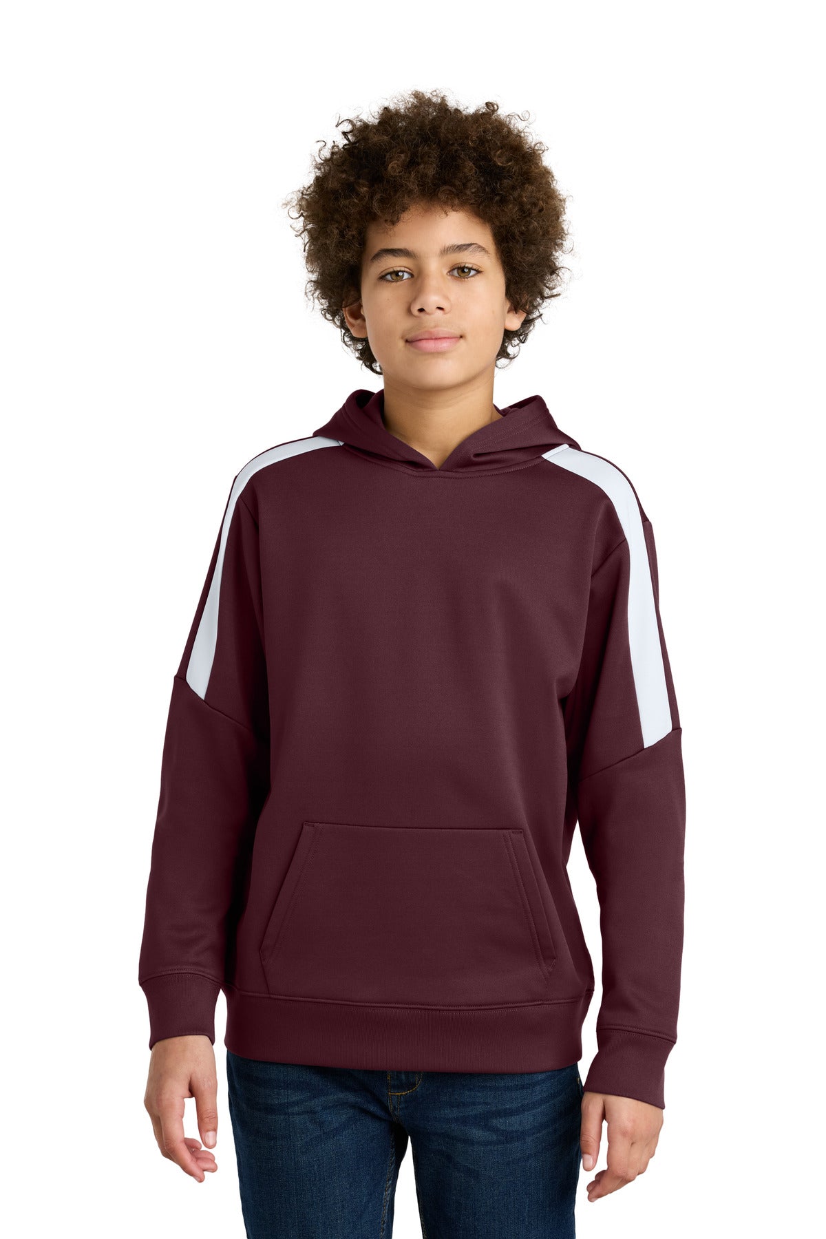 Custom Maroon/ White Sport-Wick Fleece United Pullover Hoodie YST255, personalized by SanCanDo Swag in Argyle, TX