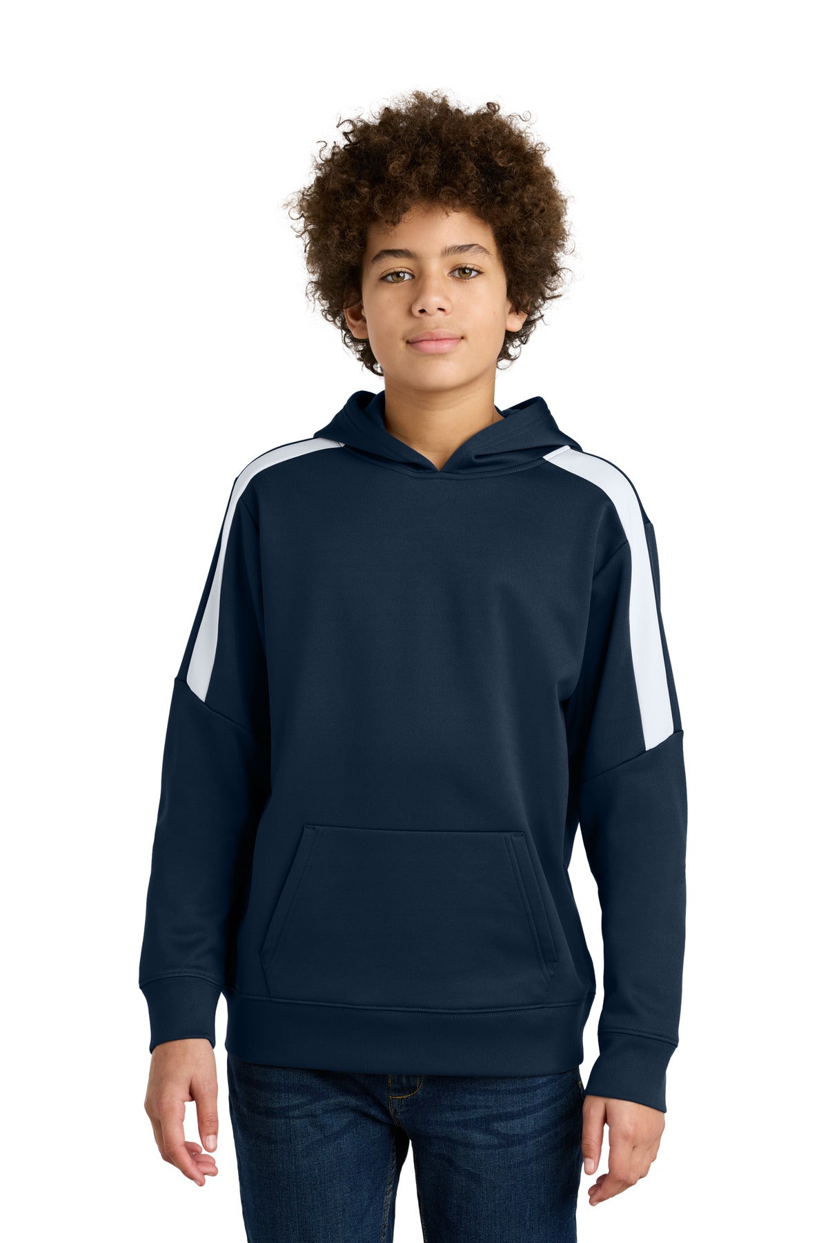 Custom Navy/ White Sport-Wick Fleece United Pullover Hoodie YST255, personalized by SanCanDo Swag in Argyle, TX