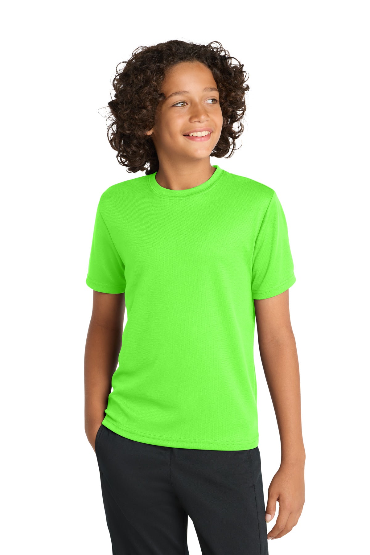 Custom Neon Green Youth PosiCharge RacerMesh Tee YST340, personalized by SanCanDo Swag in Argyle, TX