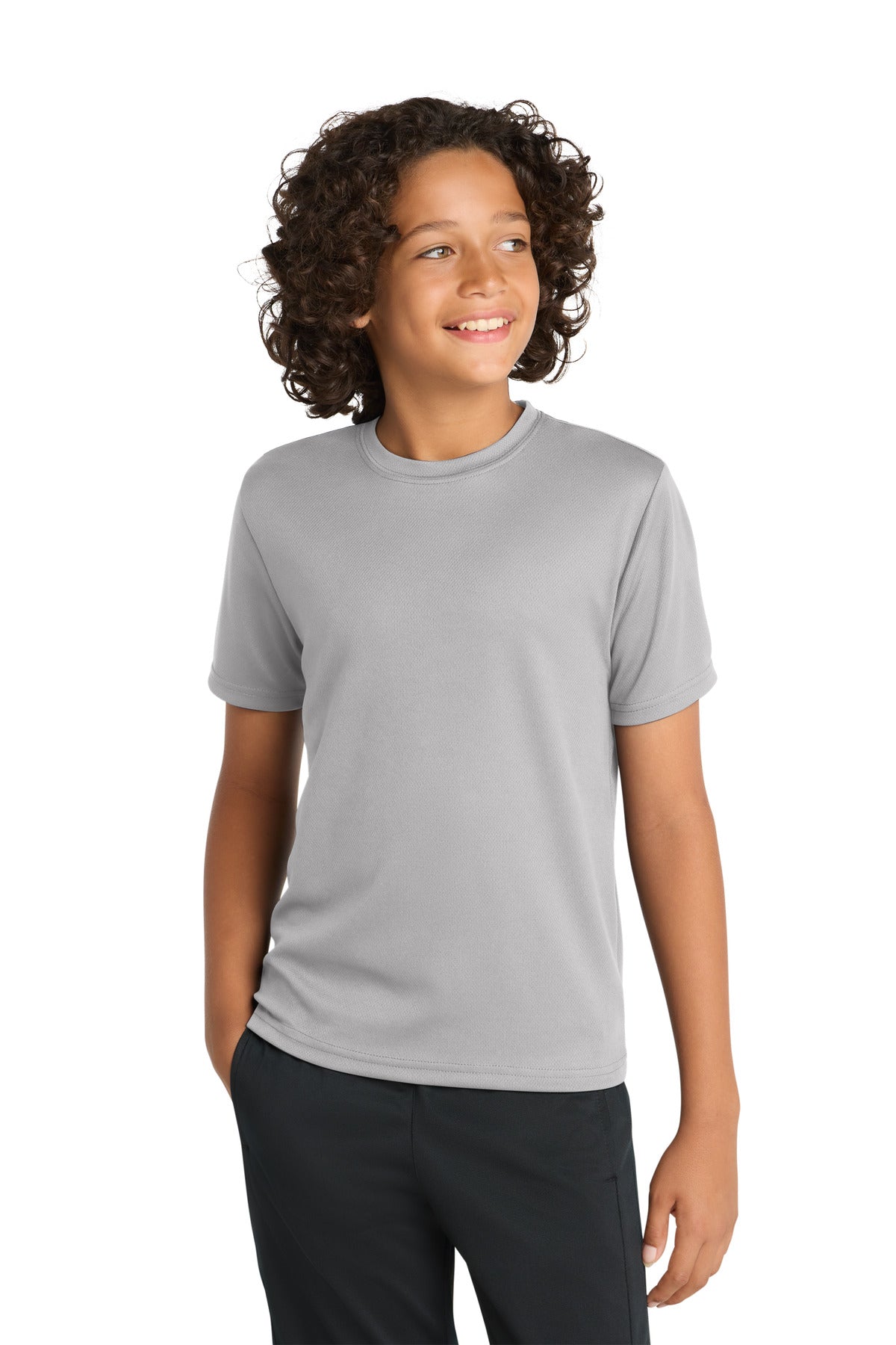 Custom Silver Youth PosiCharge RacerMesh Tee YST340, personalized by SanCanDo Swag in Argyle, TX