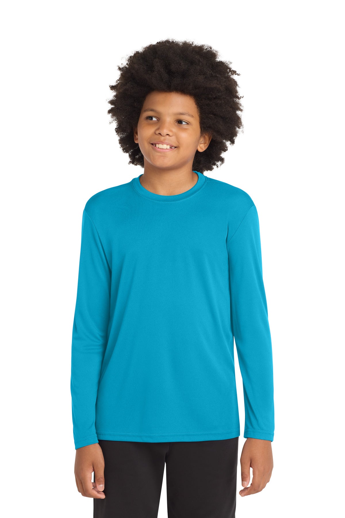 Custom Atomic Blue Youth Long Sleeve Competitor Tee YST350LS, personalized by SanCanDo Swag in Argyle, TX