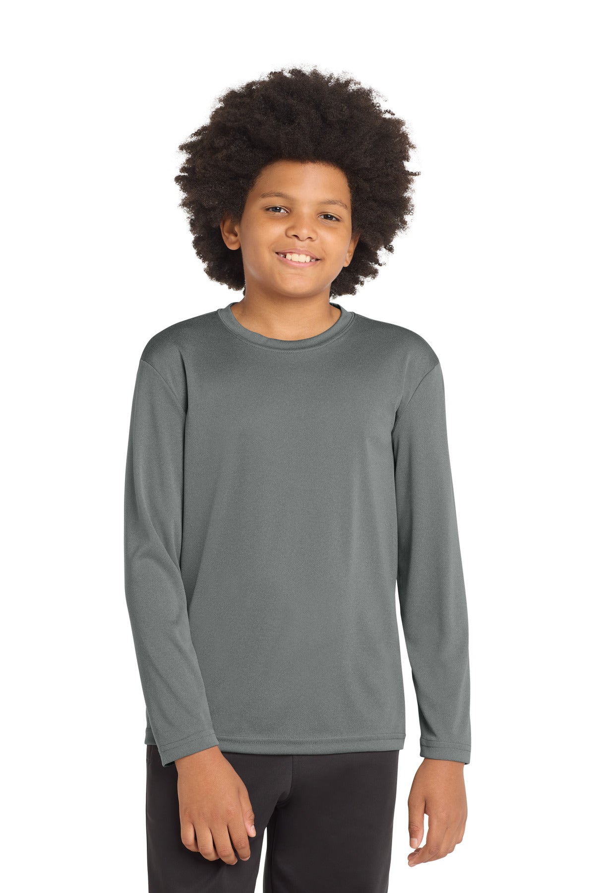 Custom Iron Grey Heather Youth Long Sleeve Competitor Tee YST350LS, personalized by SanCanDo Swag in Argyle, TX